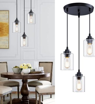 3-Light Pendant Lighting,3 Pendant Light Fixture for Kitchen Island,Dining Lamp Ceiling Hanging,with Adjustable Cord and Glass Shade for Farmhouse Living Dining Room Bar,Black