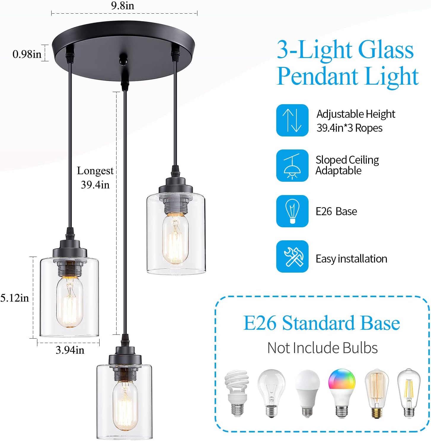 3-Light Pendant Lighting,3 Pendant Light Fixture for Kitchen Island,Dining Lamp Ceiling Hanging,with Adjustable Cord and Glass Shade for Farmhouse Living Dining Room Bar,Black - Image 2