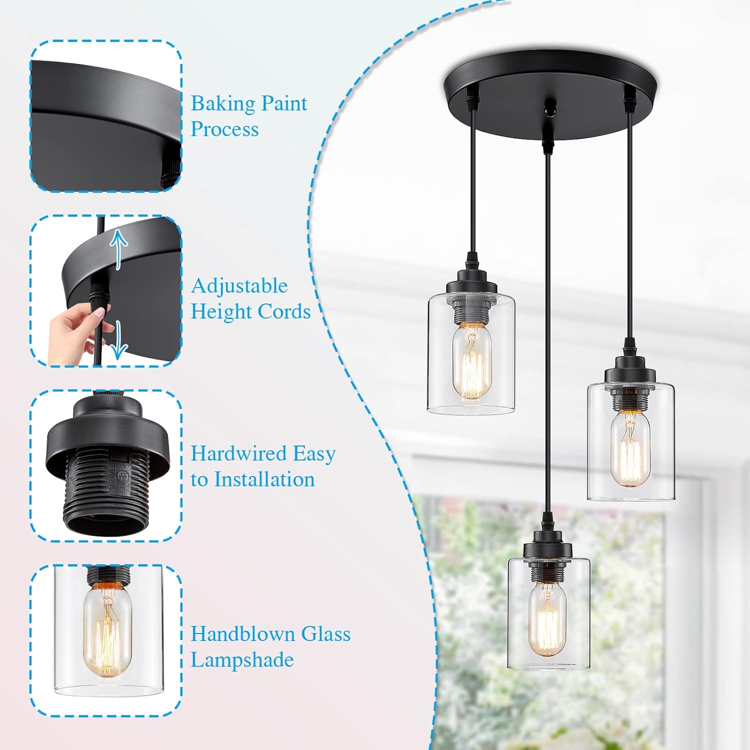 3-Light Pendant Lighting,3 Pendant Light Fixture for Kitchen Island,Dining Lamp Ceiling Hanging,with Adjustable Cord and Glass Shade for Farmhouse Living Dining Room Bar,Black - Image 3