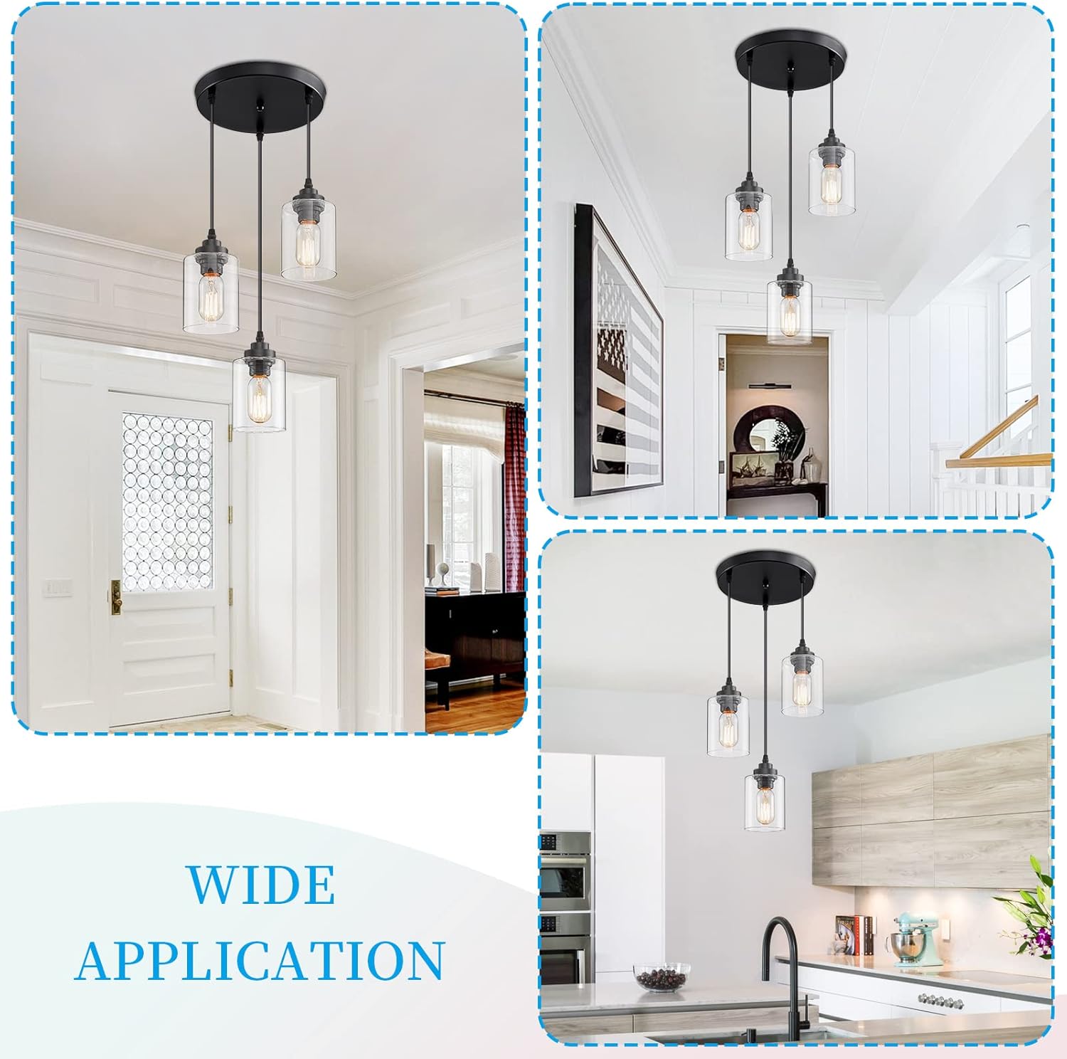 3-Light Pendant Lighting,3 Pendant Light Fixture for Kitchen Island,Dining Lamp Ceiling Hanging,with Adjustable Cord and Glass Shade for Farmhouse Living Dining Room Bar,Black - Image 4