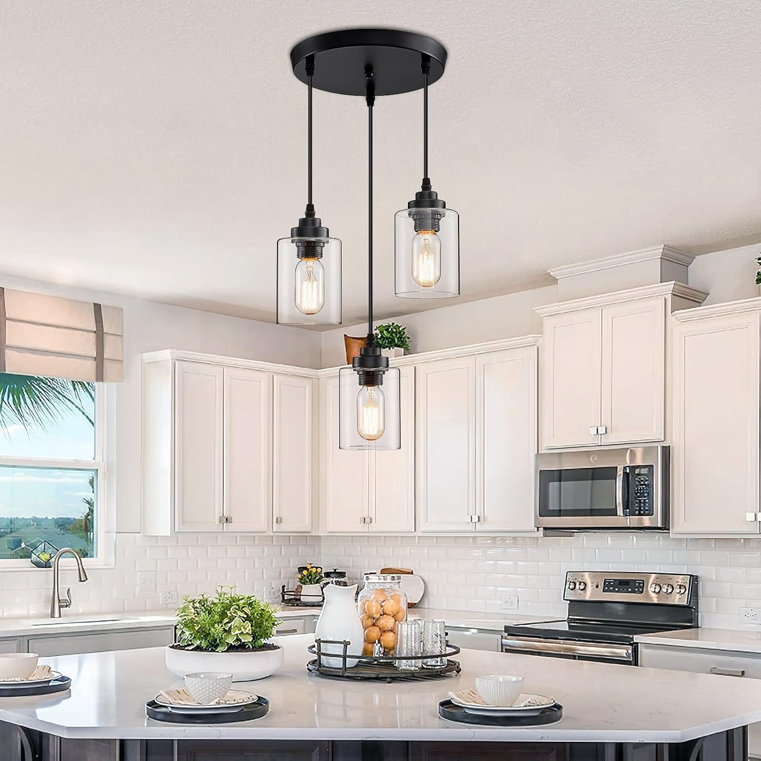 3-Light Pendant Lighting,3 Pendant Light Fixture for Kitchen Island,Dining Lamp Ceiling Hanging,with Adjustable Cord and Glass Shade for Farmhouse Living Dining Room Bar,Black - Image 5