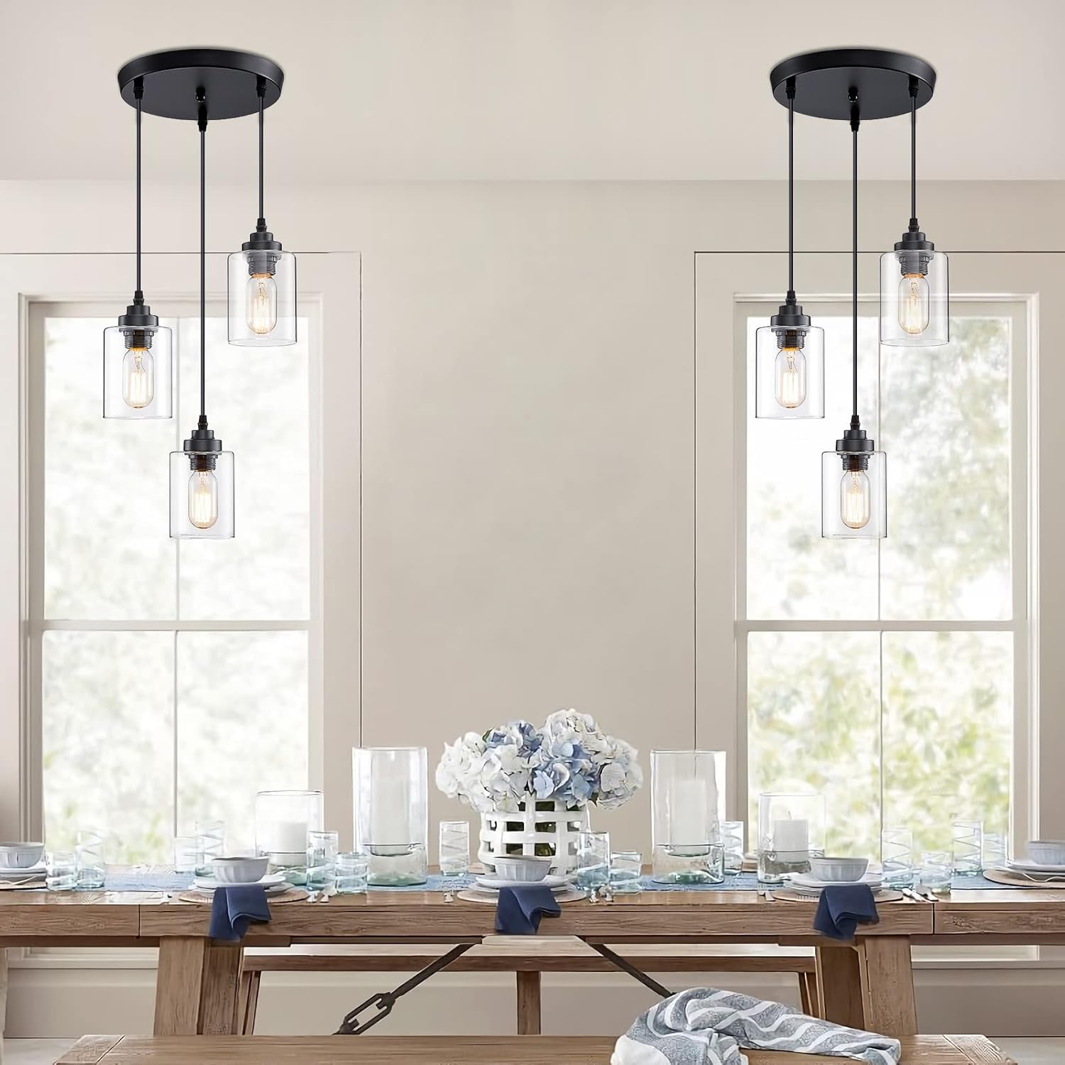 3-Light Pendant Lighting,3 Pendant Light Fixture for Kitchen Island,Dining Lamp Ceiling Hanging,with Adjustable Cord and Glass Shade for Farmhouse Living Dining Room Bar,Black - Image 6