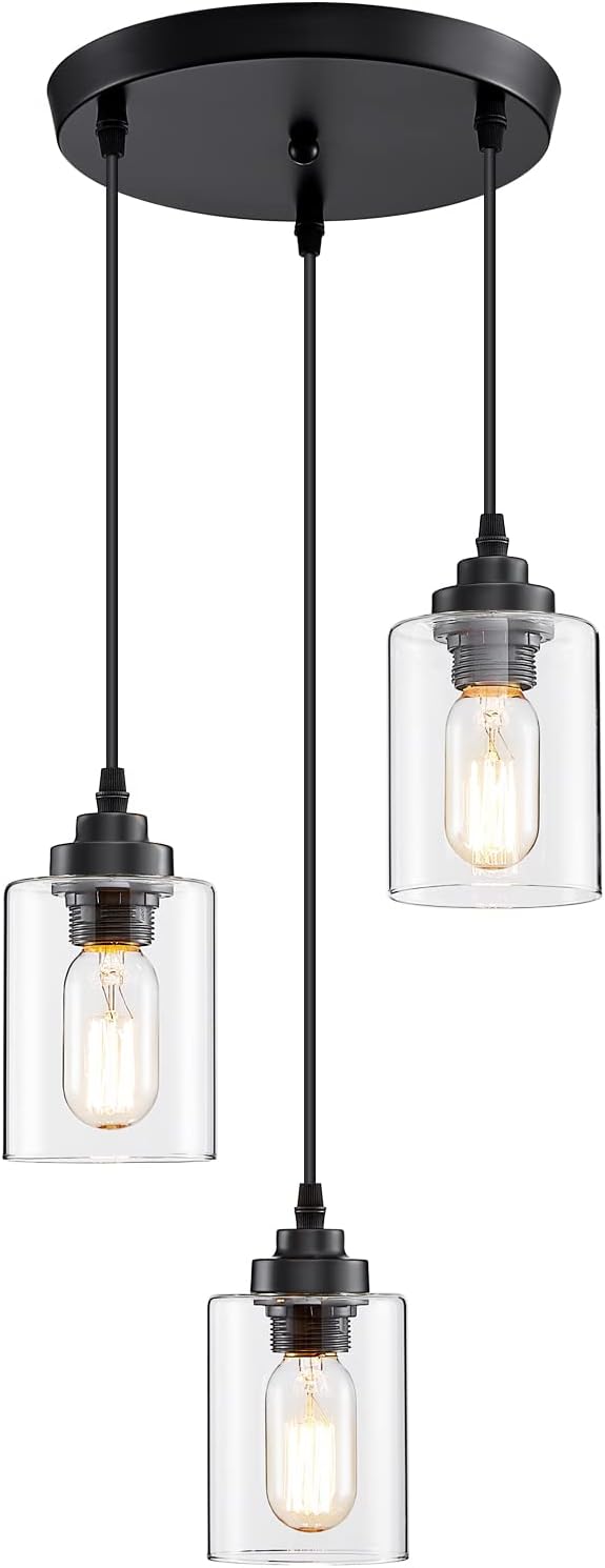 3-Light Pendant Lighting,3 Pendant Light Fixture for Kitchen Island,Dining Lamp Ceiling Hanging,with Adjustable Cord and Glass Shade for Farmhouse Living Dining Room Bar,Black - Image 7
