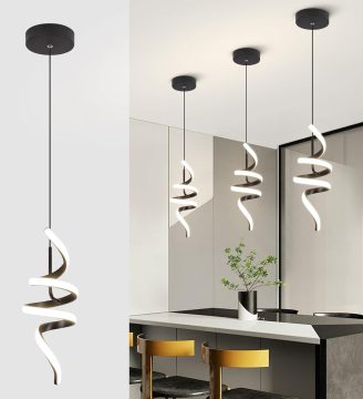 4000K Modern Pendant Light, 15IN Spiral LED Pendant Lights Adjustable Height Black Kitchen Island Fixtures Chandeliers for Dining Room Hanging Lights, 1 Pack