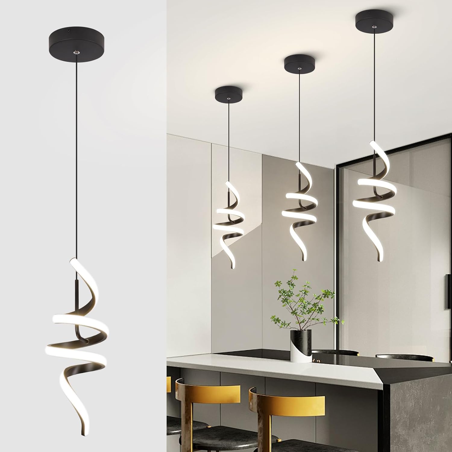 4000K Modern Pendant Light, 15IN Spiral LED Pendant Lights Adjustable Height Black Kitchen Island Fixtures Chandeliers for Dining Room Hanging Lights, 1 Pack