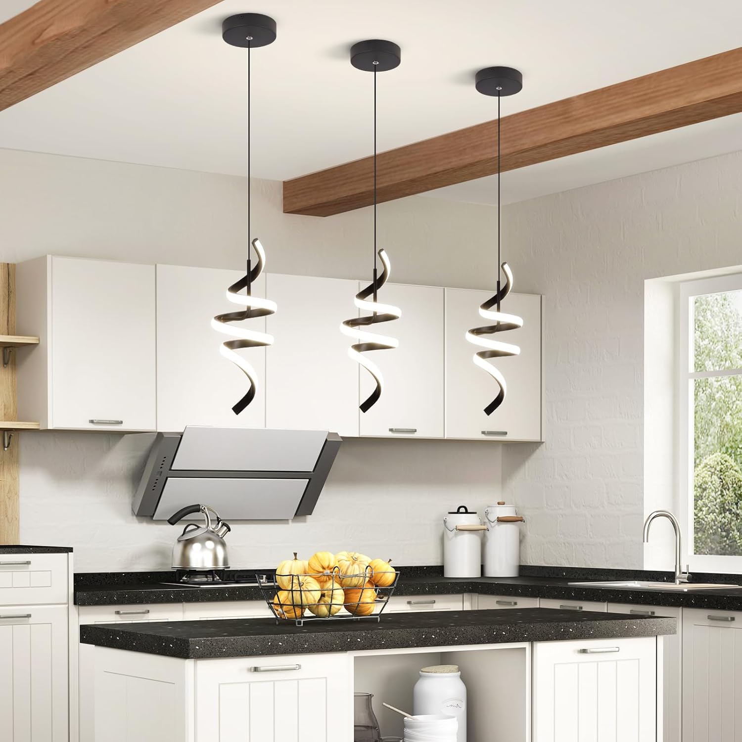 4000K Modern Pendant Light, 15IN Spiral LED Pendant Lights Adjustable Height Black Kitchen Island Fixtures Chandeliers for Dining Room Hanging Lights, 1 Pack - Image 3