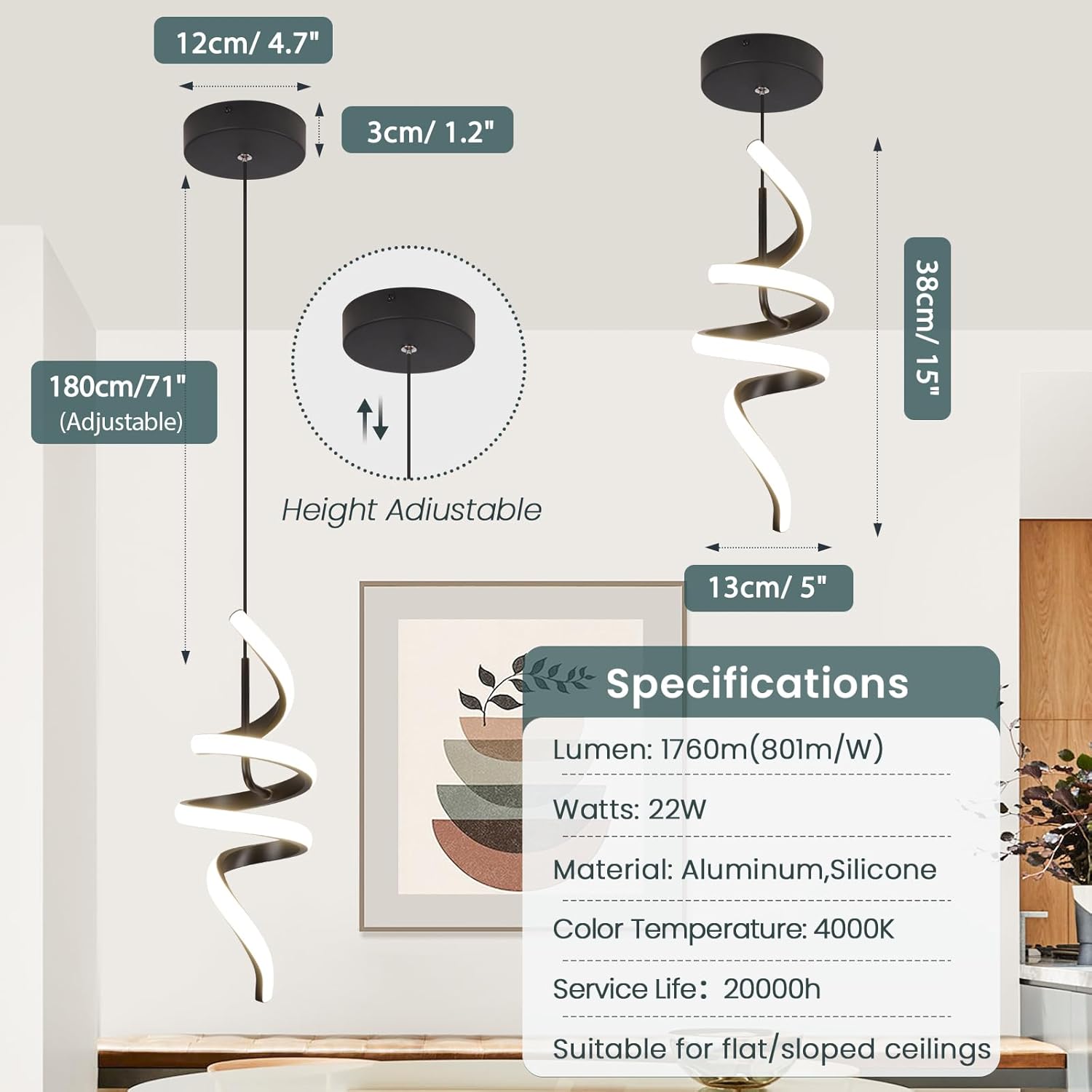 4000K Modern Pendant Light, 15IN Spiral LED Pendant Lights Adjustable Height Black Kitchen Island Fixtures Chandeliers for Dining Room Hanging Lights, 1 Pack - Image 5