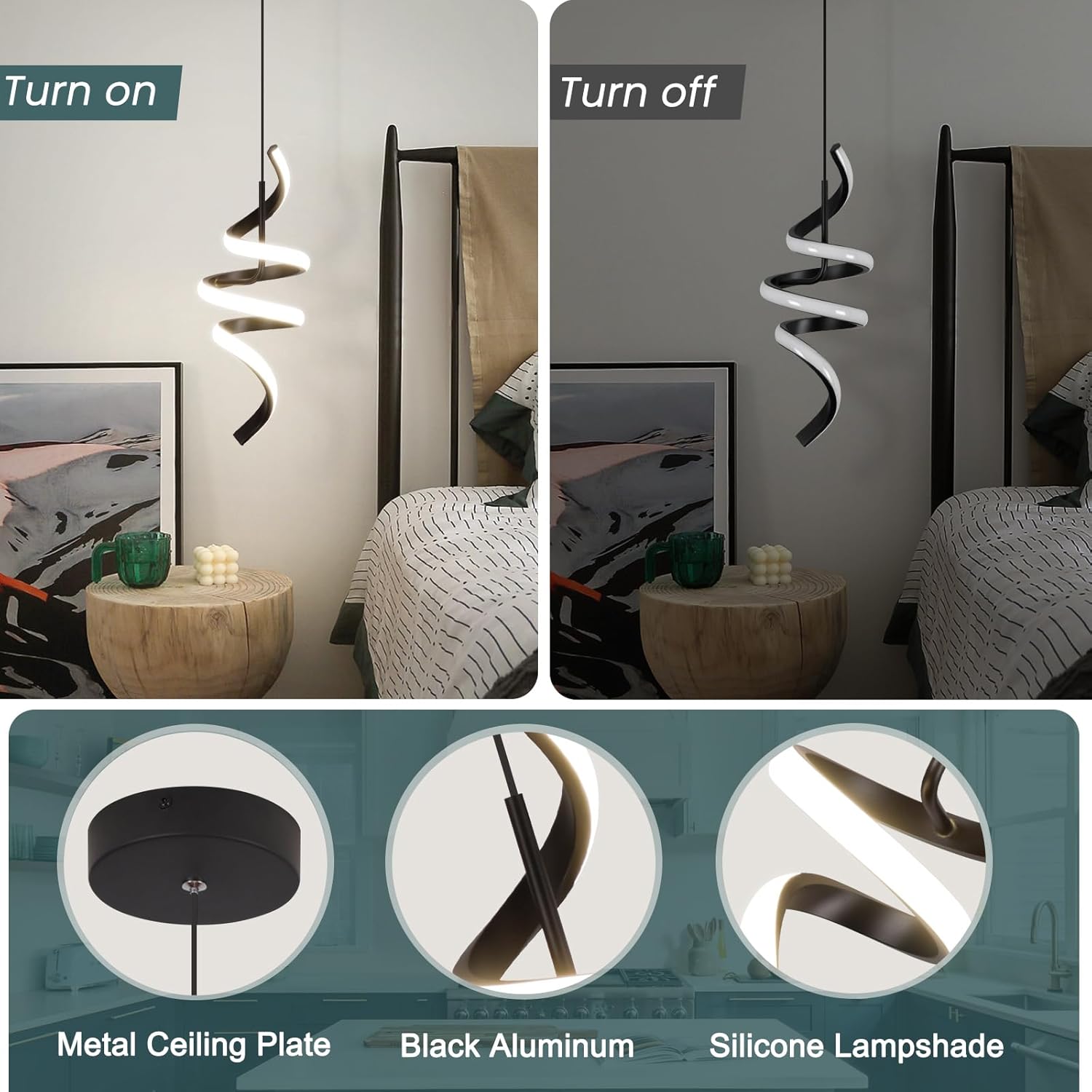 4000K Modern Pendant Light, 15IN Spiral LED Pendant Lights Adjustable Height Black Kitchen Island Fixtures Chandeliers for Dining Room Hanging Lights, 1 Pack - Image 6