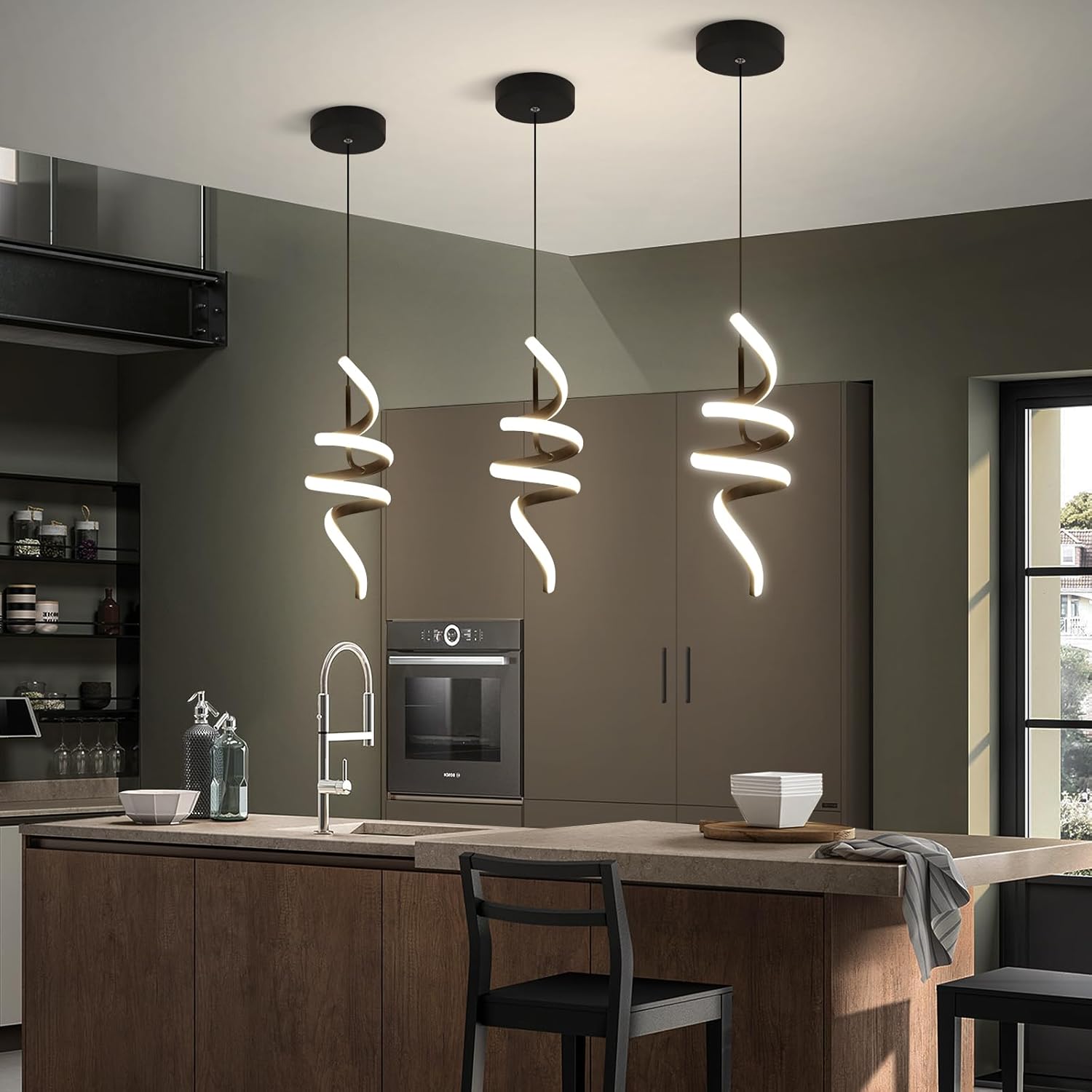4000K Modern Pendant Light, 15IN Spiral LED Pendant Lights Adjustable Height Black Kitchen Island Fixtures Chandeliers for Dining Room Hanging Lights, 1 Pack - Image 8