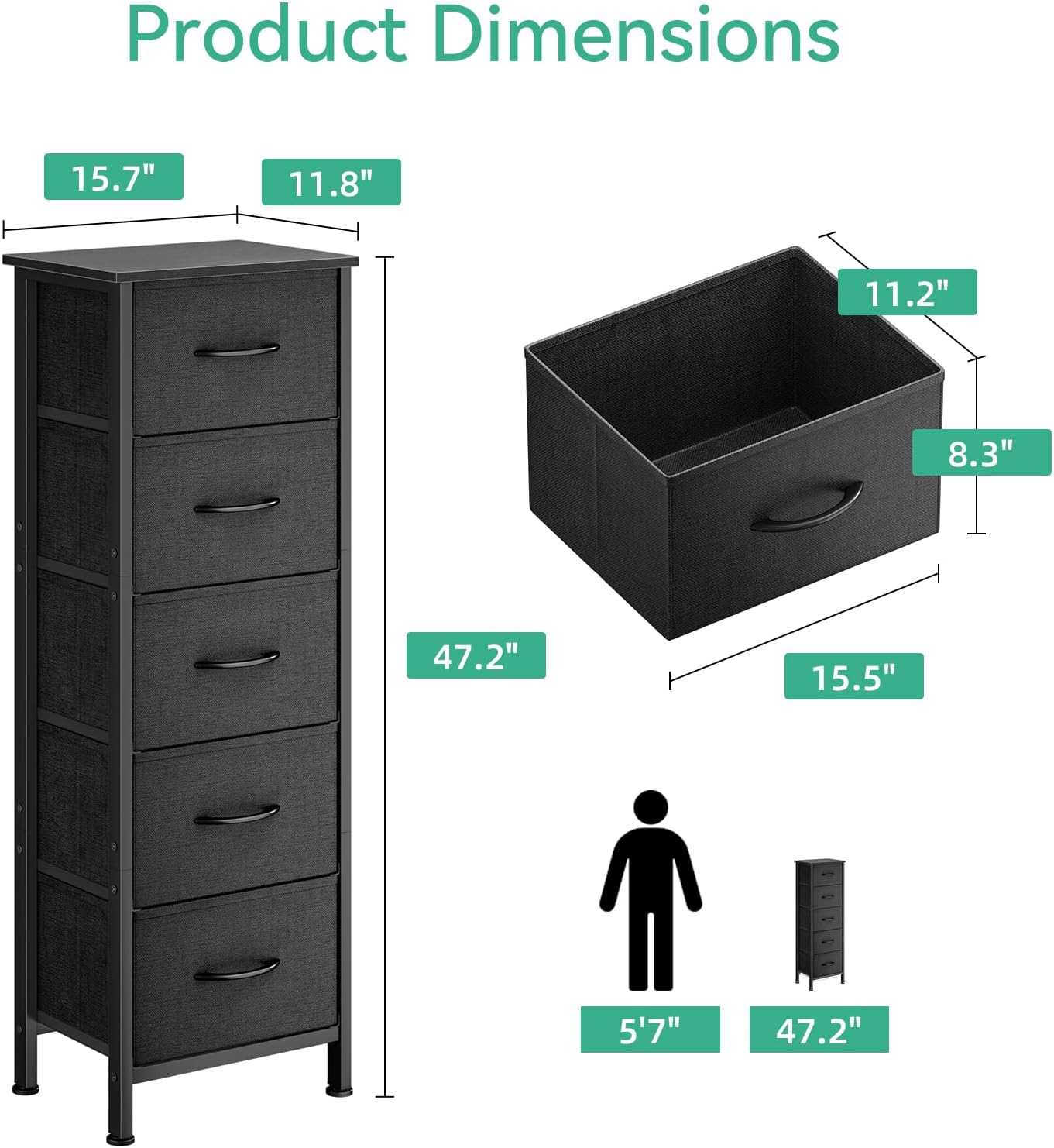 AODK Dresser for Bedroom with 5 Storage Drawers, 48" Tall Dresser Chest of Drawers Fabric Dressers with Sturdy Steel Frame, Black - Image 2