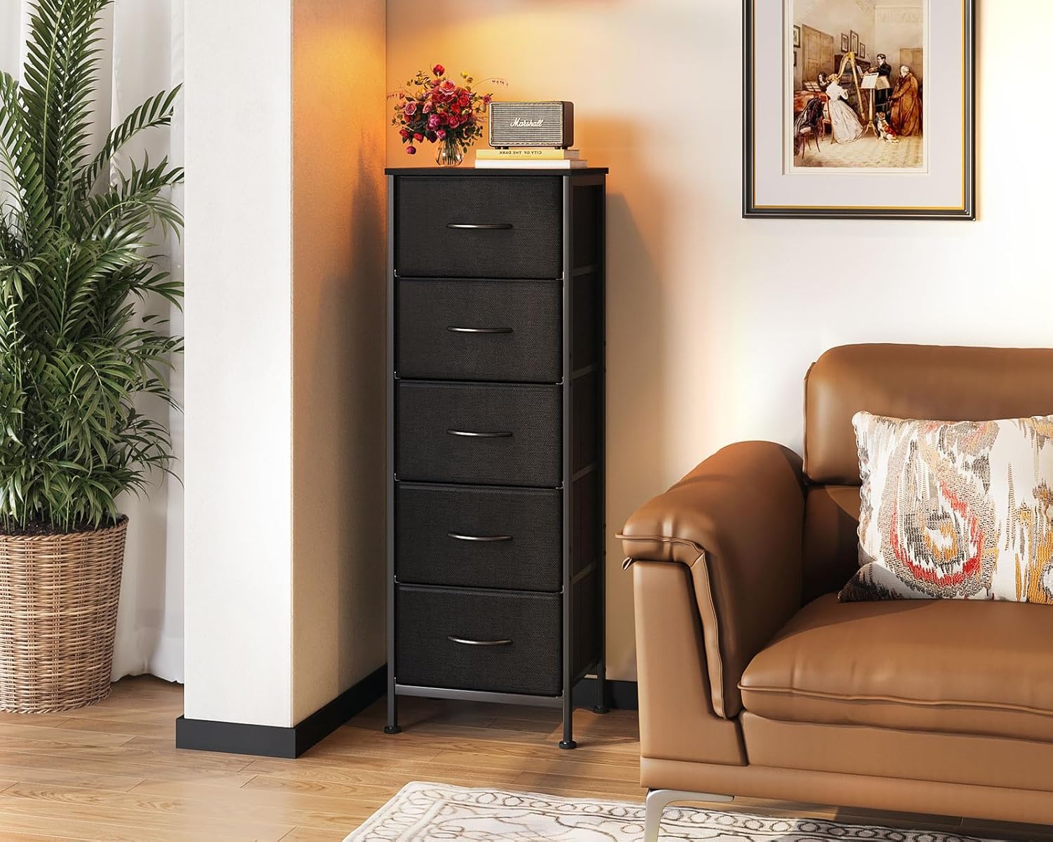 AODK Dresser for Bedroom with 5 Storage Drawers, 48" Tall Dresser Chest of Drawers Fabric Dressers with Sturdy Steel Frame, Black - Image 3