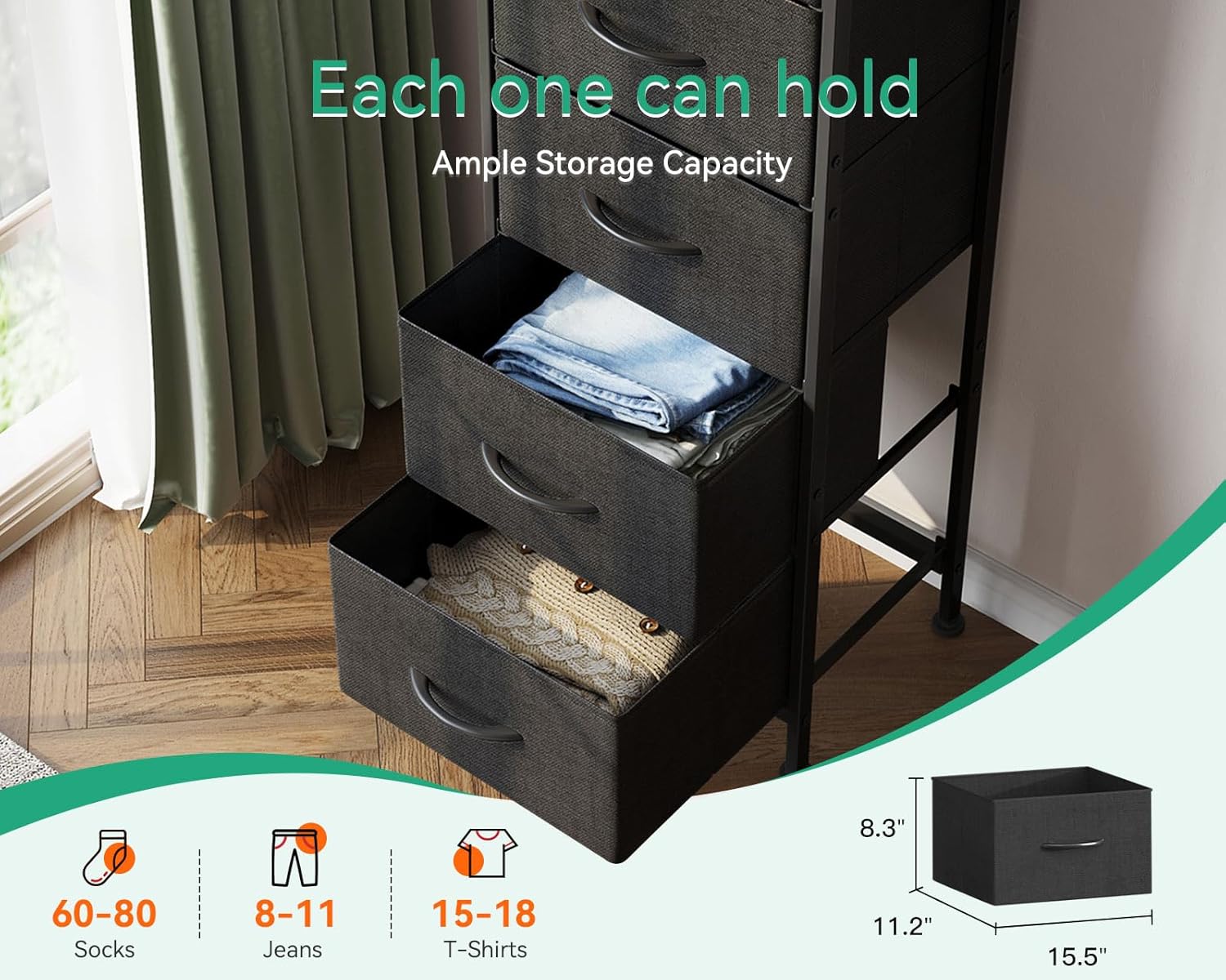 AODK Dresser for Bedroom with 5 Storage Drawers, 48" Tall Dresser Chest of Drawers Fabric Dressers with Sturdy Steel Frame, Black - Image 4