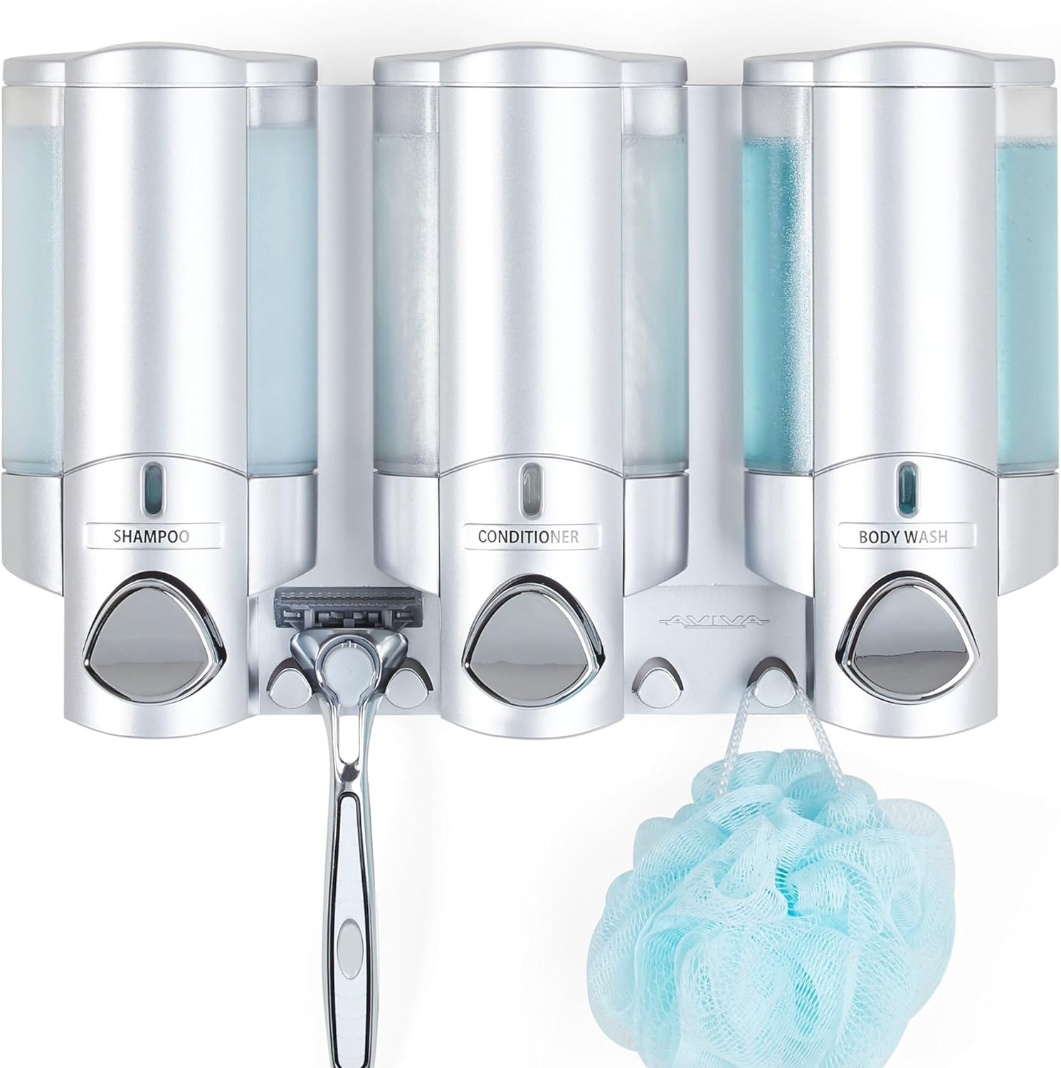 Better Living Products 76335-1 AVIVA 3-Chamber Wall Mount Soap and Shower Dispenser, Satin Silver
