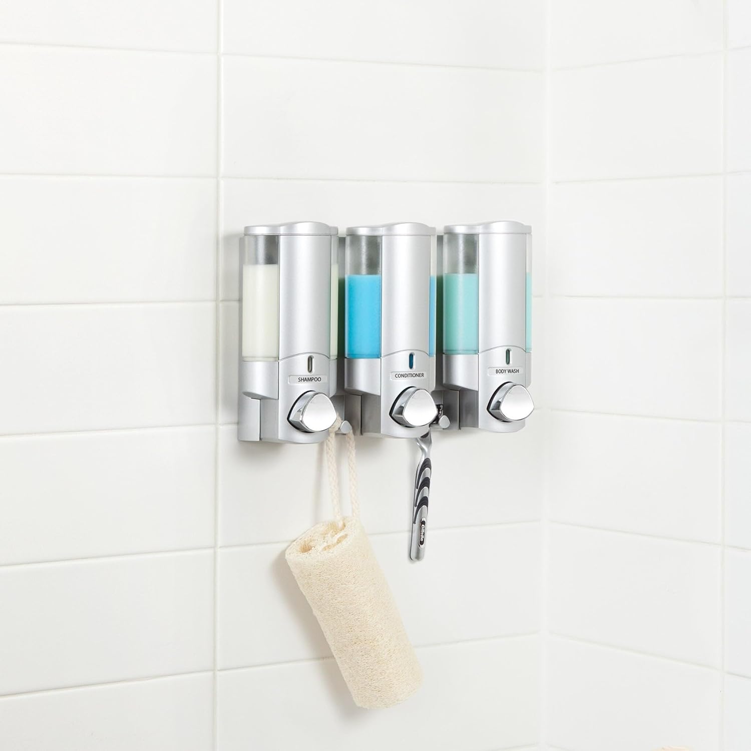 Better Living Products 76335-1 AVIVA 3-Chamber Wall Mount Soap and Shower Dispenser, Satin Silver - Image 4