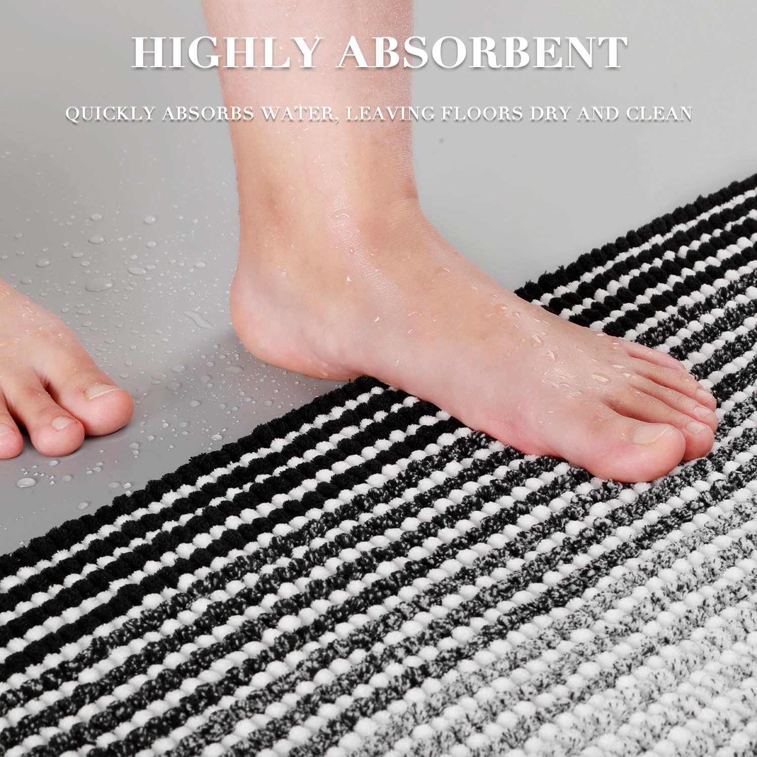 BSICPRO Bathroom Rugs and Mats Sets, 2 Piece Thick Absorbent Chenille Bath Mat Rug Set Non Slip, Soft Shaggy Bath Room Floor Mats for Bathroom, Machine Washable (20" x 47" Plus 16" x 24", Black) - Image 5