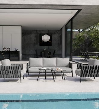 EAST OAK Life Chatter Patio Furniture Set 5 Pieces, Outdoor Furniture 5-Seat Sofa with Two Round Coffee Table, Waterproof Thick Cushion Deep Seating for Porch, Balcony, Earth Black & Misty Grey