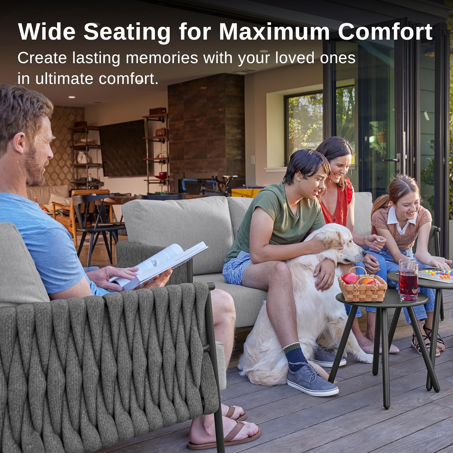 EAST OAK Life Chatter Patio Furniture Set 5 Pieces, Outdoor Furniture 5-Seat Sofa with Two Round Coffee Table, Waterproof Thick Cushion Deep Seating for Porch, Balcony, Earth Black & Misty Grey - Image 2