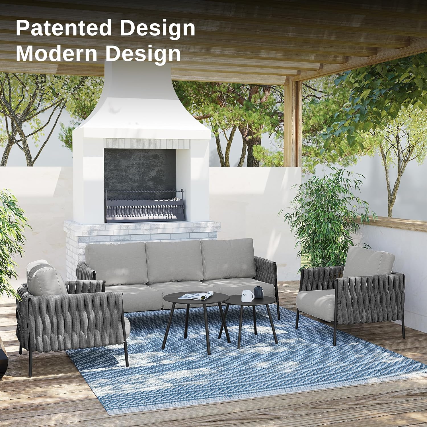 EAST OAK Life Chatter Patio Furniture Set 5 Pieces, Outdoor Furniture 5-Seat Sofa with Two Round Coffee Table, Waterproof Thick Cushion Deep Seating for Porch, Balcony, Earth Black & Misty Grey - Image 6