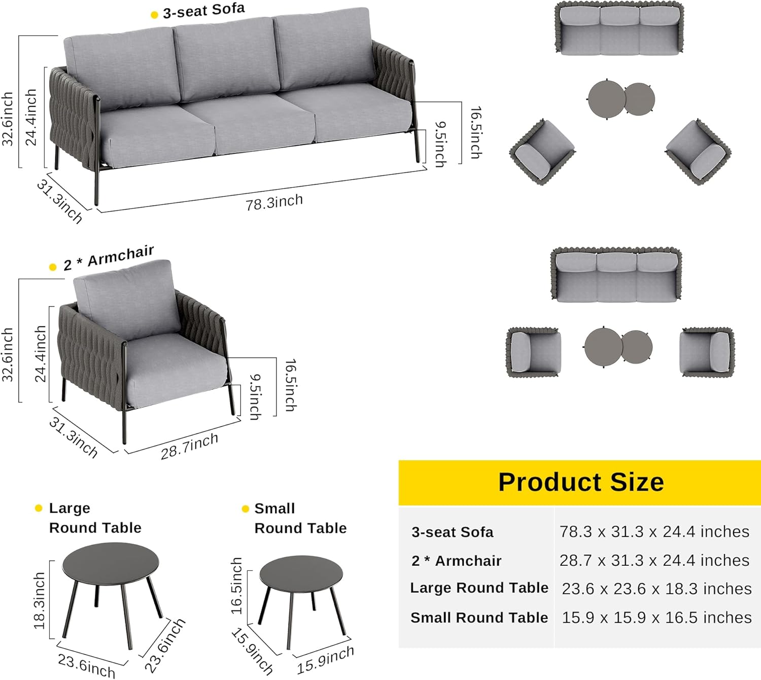EAST OAK Life Chatter Patio Furniture Set 5 Pieces, Outdoor Furniture 5-Seat Sofa with Two Round Coffee Table, Waterproof Thick Cushion Deep Seating for Porch, Balcony, Earth Black & Misty Grey - Image 7