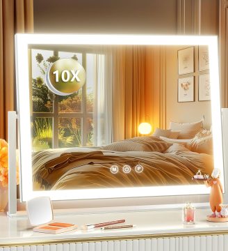 Lighted Makeup Mirror, 17.3"x13" Hollywood Vanity Mirror with Led Lights, Three Color Lighting Modes, and 5X Magnification Mirror, Smart Touch Control, 360°Rotation (White, Gift Box)