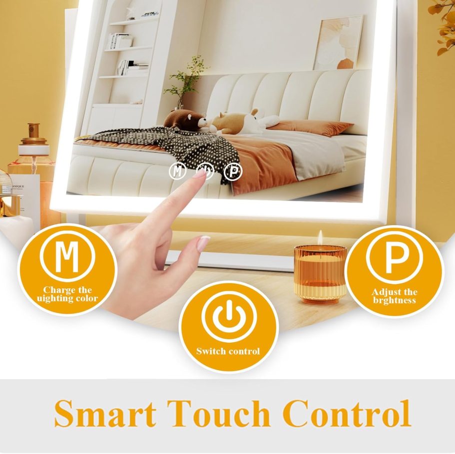 Lighted Makeup Mirror, 17.3"x13" Hollywood Vanity Mirror with Led Lights, Three Color Lighting Modes, and 5X Magnification Mirror, Smart Touch Control, 360°Rotation (White, Gift Box) - Image 5