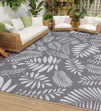 Outdoor Rug, Patio Rug, Plastic Straw Camping Rugs, Large Waterproof Area Rug and Mat for Outdoors, RV, Patio, Backyard, Deck, Porch, Beach, Balcony, (5'x 8', White&Gray)