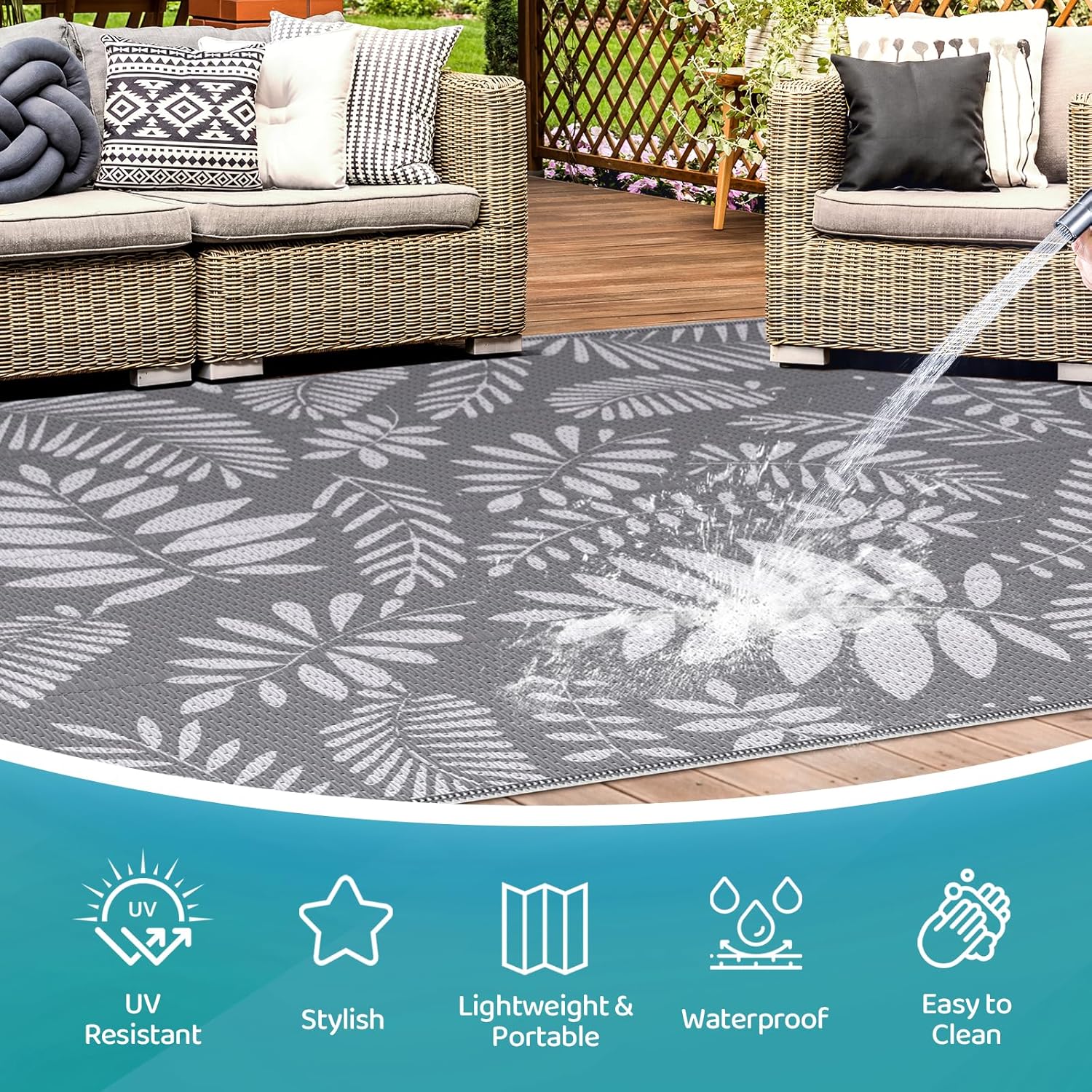 Outdoor Rug, Patio Rug, Plastic Straw Camping Rugs, Large Waterproof Area Rug and Mat for Outdoors, RV, Patio, Backyard, Deck, Porch, Beach, Balcony, (5'x 8', White&Gray) - Image 3