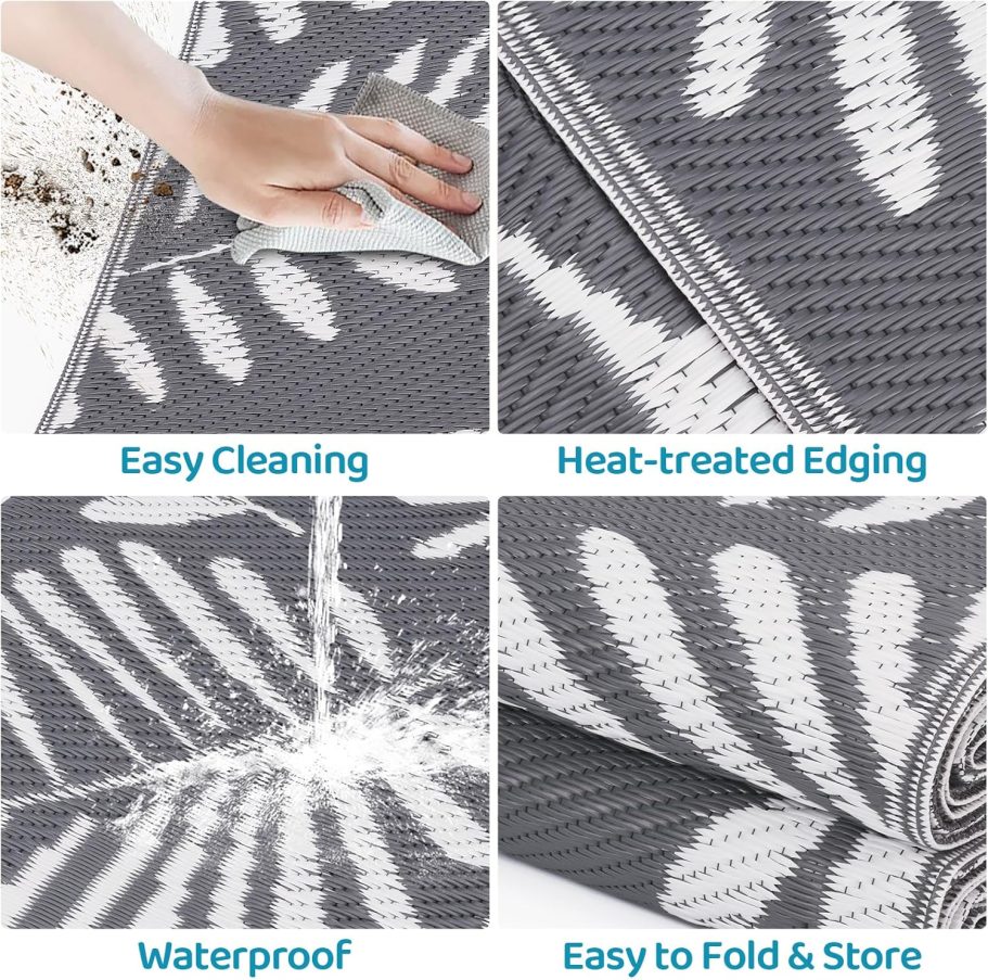 Outdoor Rug, Patio Rug, Plastic Straw Camping Rugs, Large Waterproof Area Rug and Mat for Outdoors, RV, Patio, Backyard, Deck, Porch, Beach, Balcony, (5'x 8', White&Gray) - Image 4