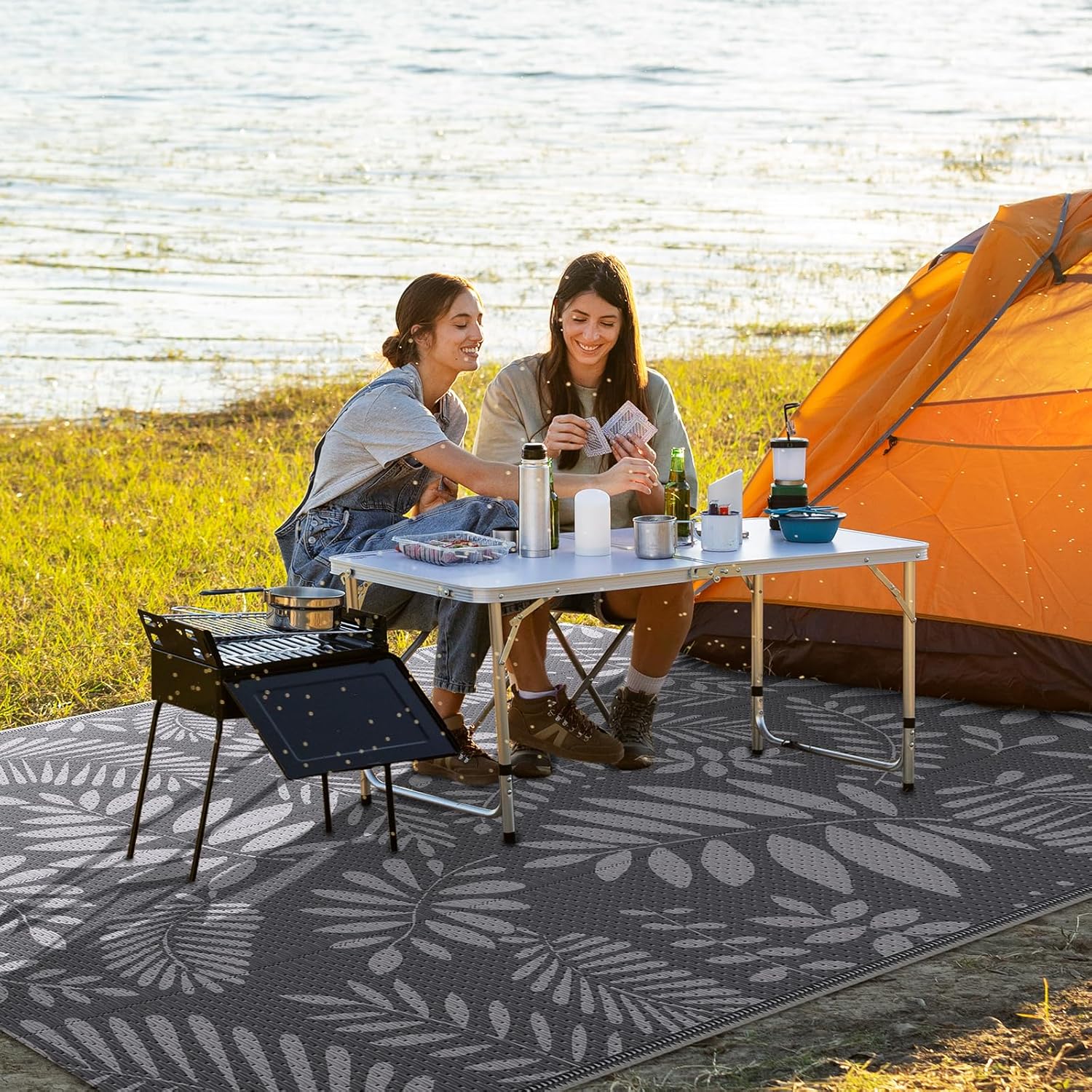 Outdoor Rug, Patio Rug, Plastic Straw Camping Rugs, Large Waterproof Area Rug and Mat for Outdoors, RV, Patio, Backyard, Deck, Porch, Beach, Balcony, (5'x 8', White&Gray) - Image 5