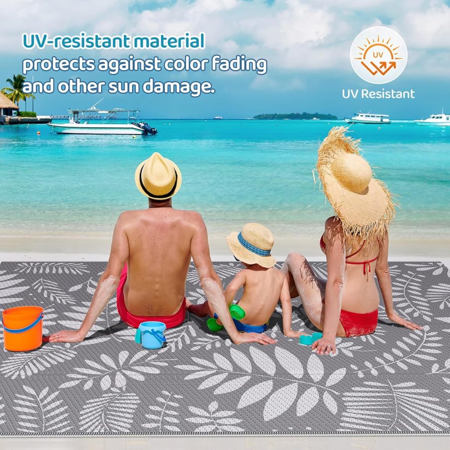 Outdoor Rug, Patio Rug, Plastic Straw Camping Rugs, Large Waterproof Area Rug and Mat for Outdoors, RV, Patio, Backyard, Deck, Porch, Beach, Balcony, (5'x 8', White&Gray) - Image 6