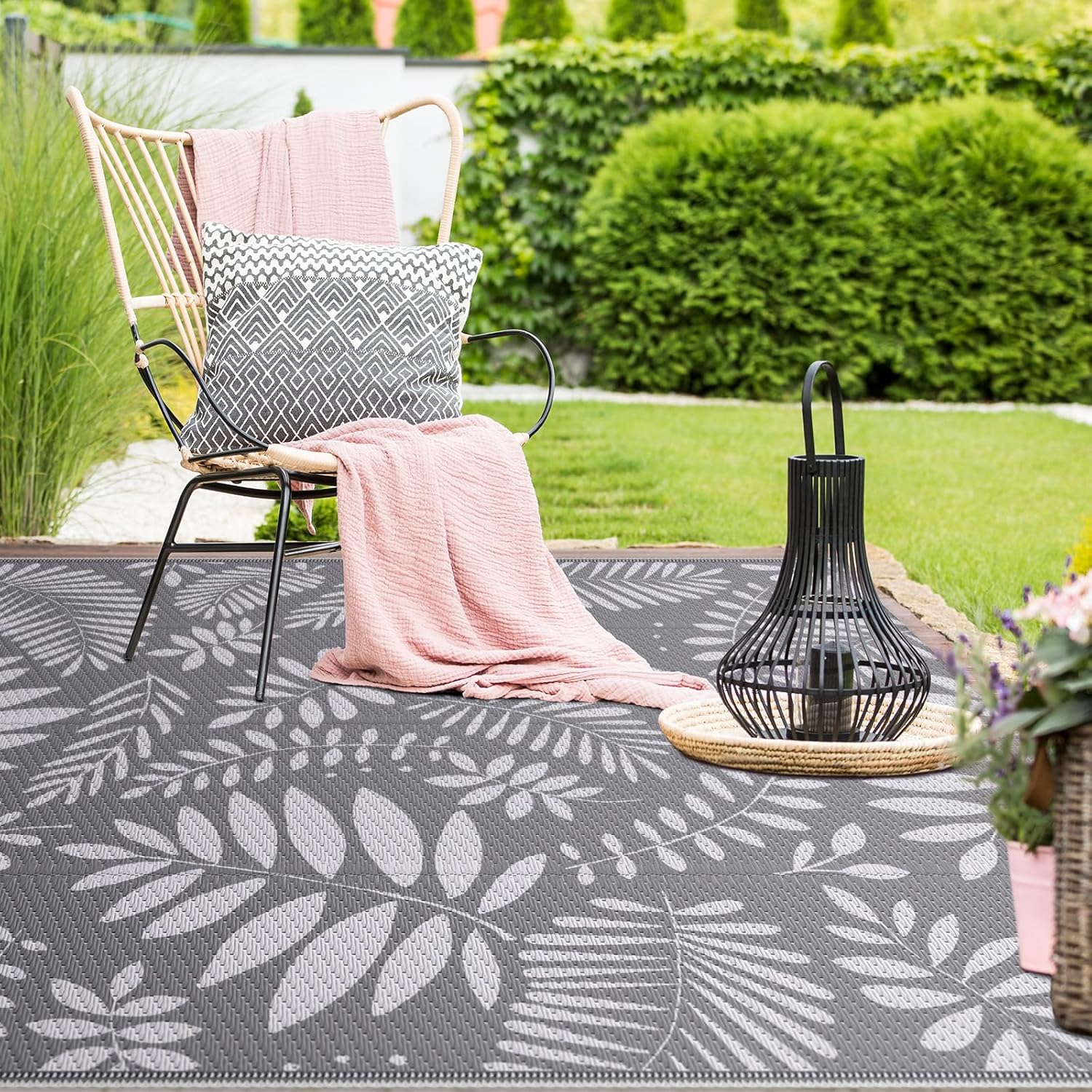 Outdoor Rug, Patio Rug, Plastic Straw Camping Rugs, Large Waterproof Area Rug and Mat for Outdoors, RV, Patio, Backyard, Deck, Porch, Beach, Balcony, (5'x 8', White&Gray) - Image 7