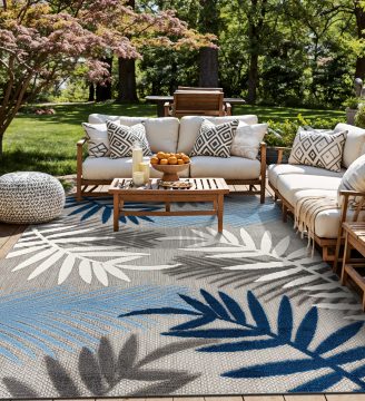 Rugshop Evora Palm Frond Non-Shedding Patio Deck Backyard Indoor/Outdoor Area Rug 7'10" x 10' Blue