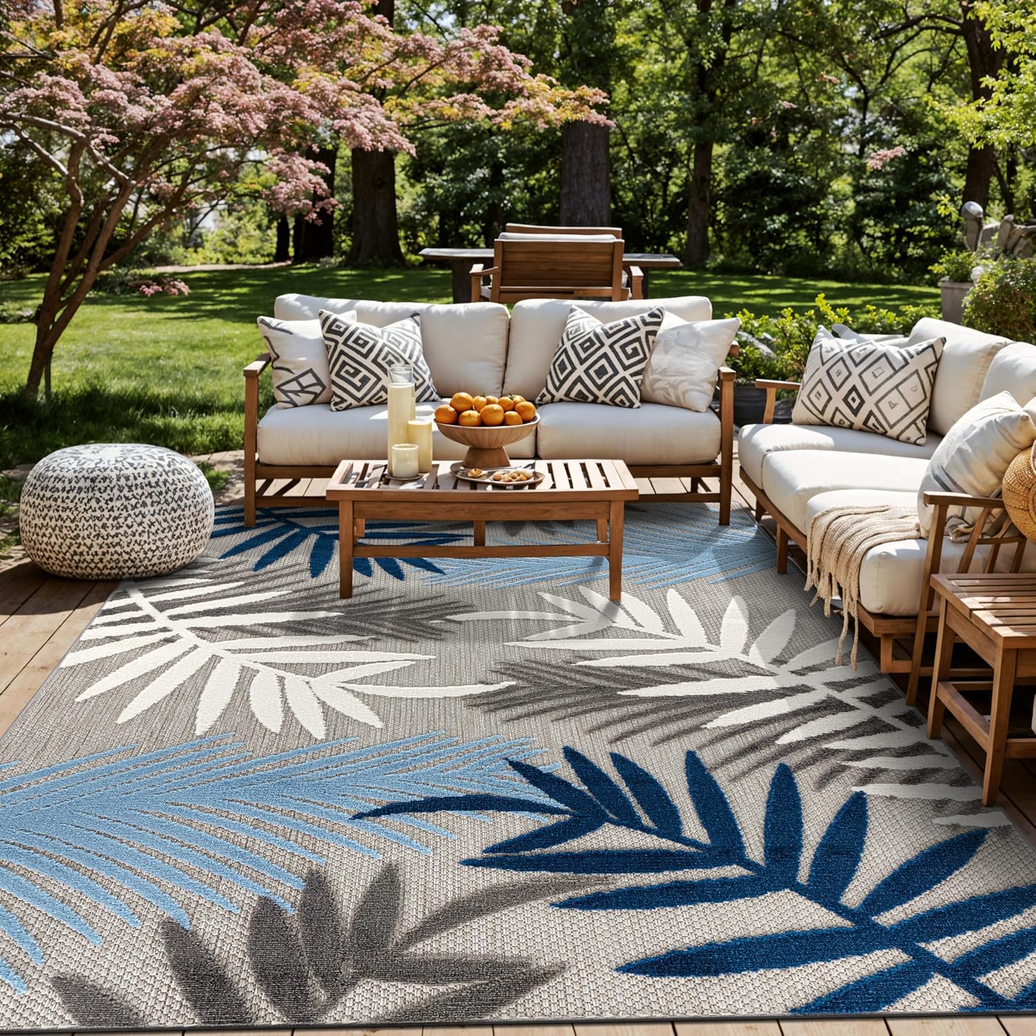 Rugshop Evora Palm Frond Non-Shedding Patio Deck Backyard Indoor/Outdoor Area Rug 7'10" x 10' Blue