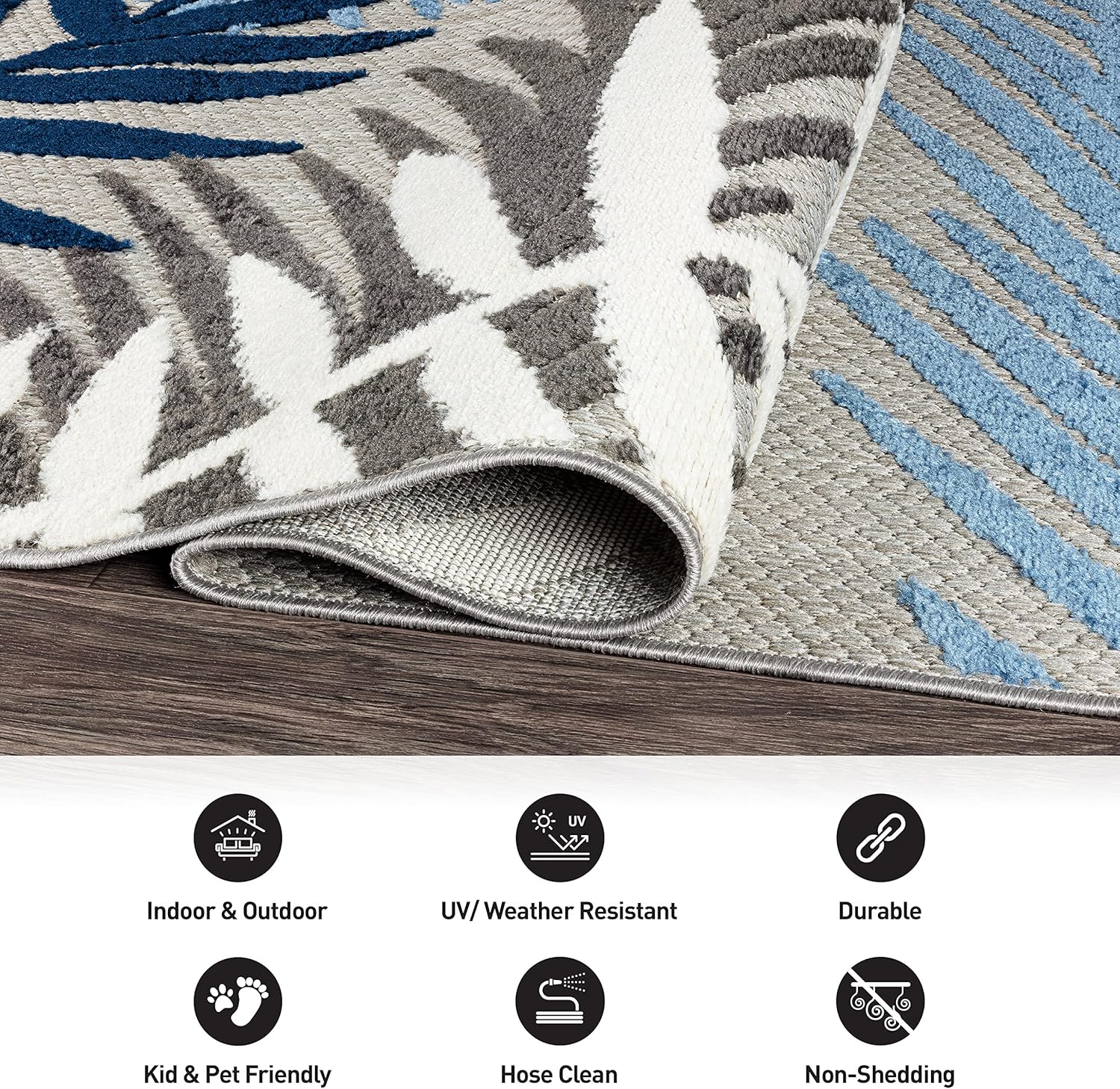 Rugshop Evora Palm Frond Non-Shedding Patio Deck Backyard Indoor/Outdoor Area Rug 7'10" x 10' Blue - Image 4