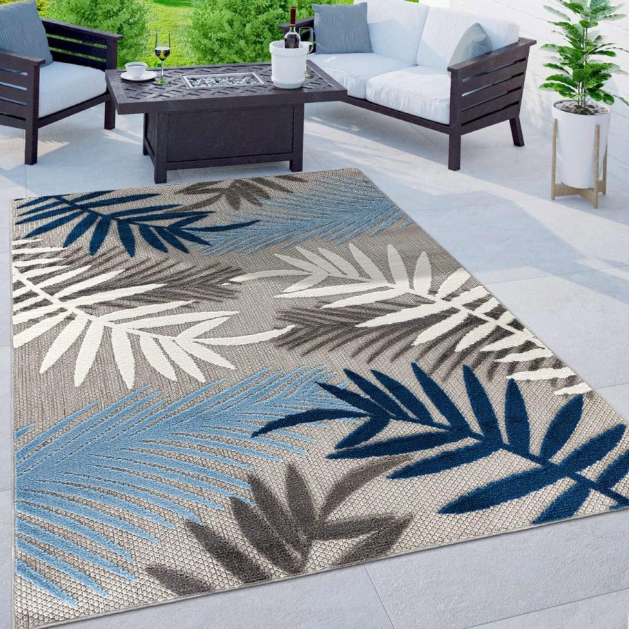 Rugshop Evora Palm Frond Non-Shedding Patio Deck Backyard Indoor/Outdoor Area Rug 7'10" x 10' Blue - Image 7