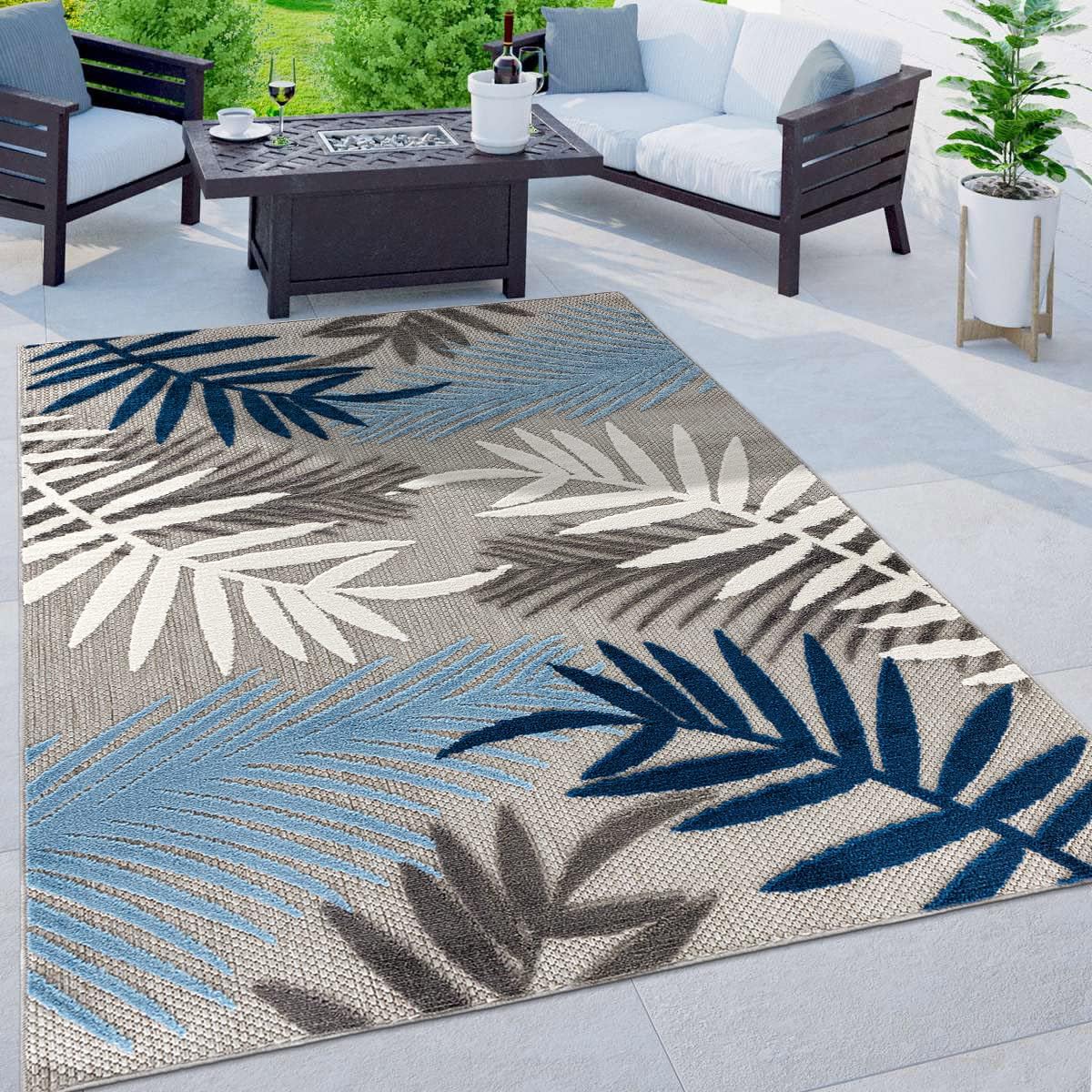 Rugshop Evora Palm Frond Non-Shedding Patio Deck Backyard Indoor/Outdoor Area Rug 7'10" x 10' Blue - Image 7