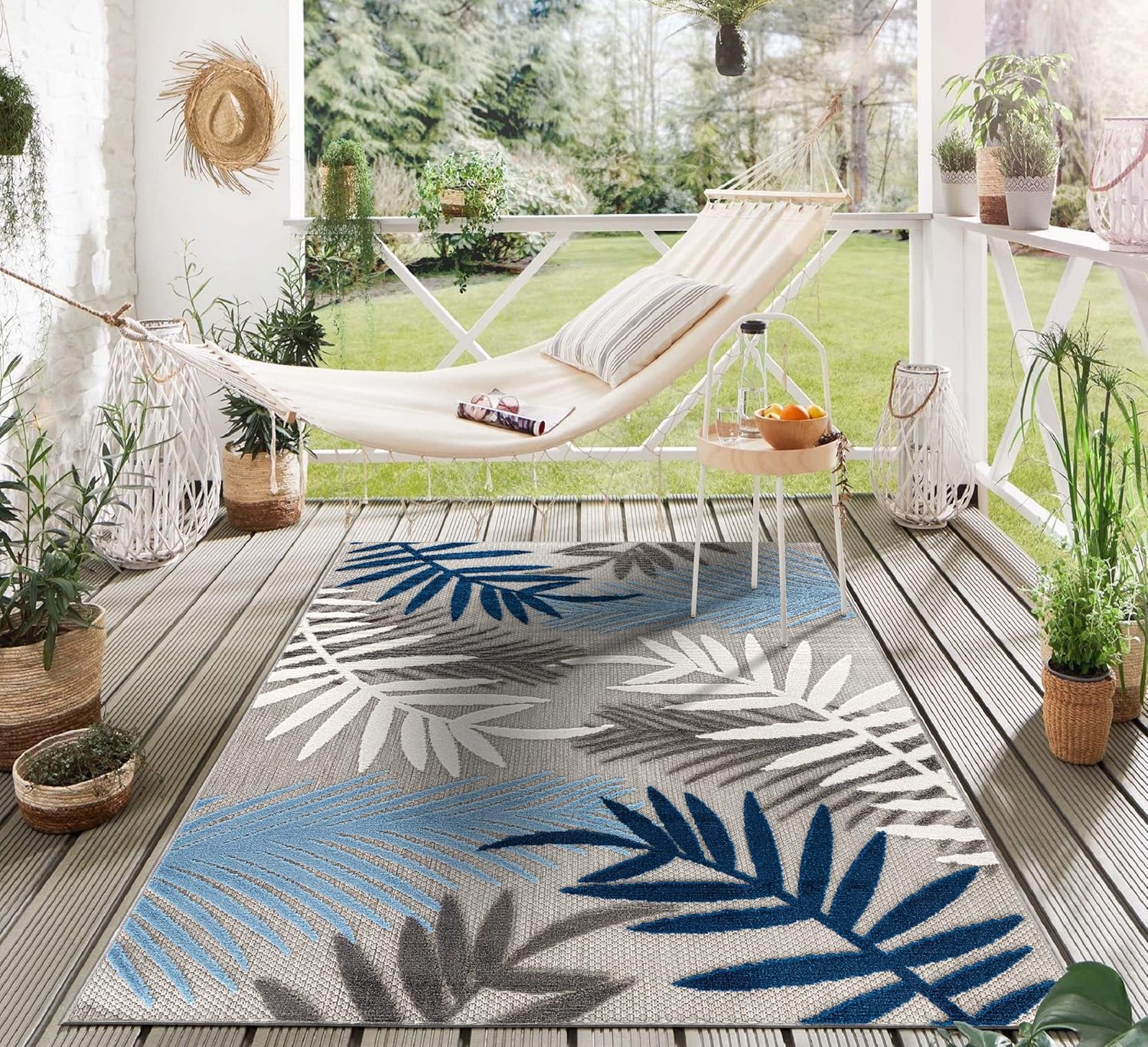 Rugshop Evora Palm Frond Non-Shedding Patio Deck Backyard Indoor/Outdoor Area Rug 7'10" x 10' Blue - Image 8