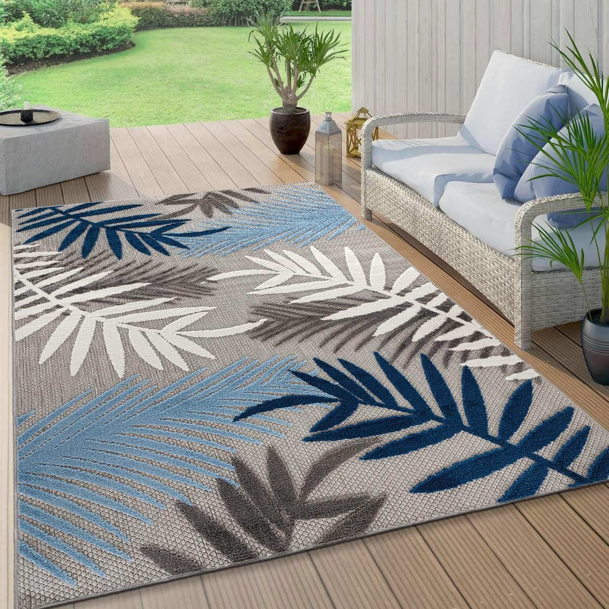 Rugshop Evora Palm Frond Non-Shedding Patio Deck Backyard Indoor/Outdoor Area Rug 7'10" x 10' Blue - Image 9