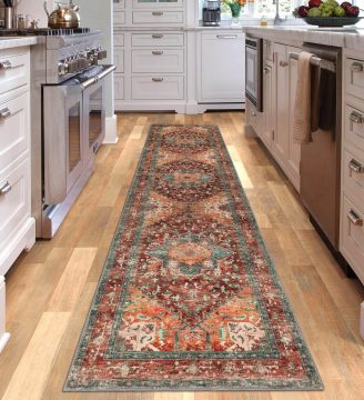 Yamaziot Washable Runner Rug, 2x8 Non-Slip Boho Vintage Hallway Rug Runner with Rubber Backing, Stain Resistant & Low Pile Faux Wool Distressed Carpet Runner for Bedroom, Kitchen, Laundry, Entrance
