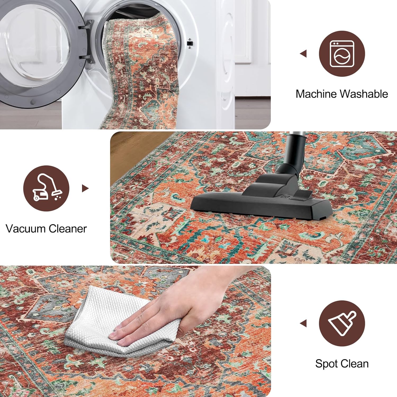 Yamaziot Washable Runner Rug, 2x8 Non-Slip Boho Vintage Hallway Rug Runner with Rubber Backing, Stain Resistant & Low Pile Faux Wool Distressed Carpet Runner for Bedroom, Kitchen, Laundry, Entrance - Image 4