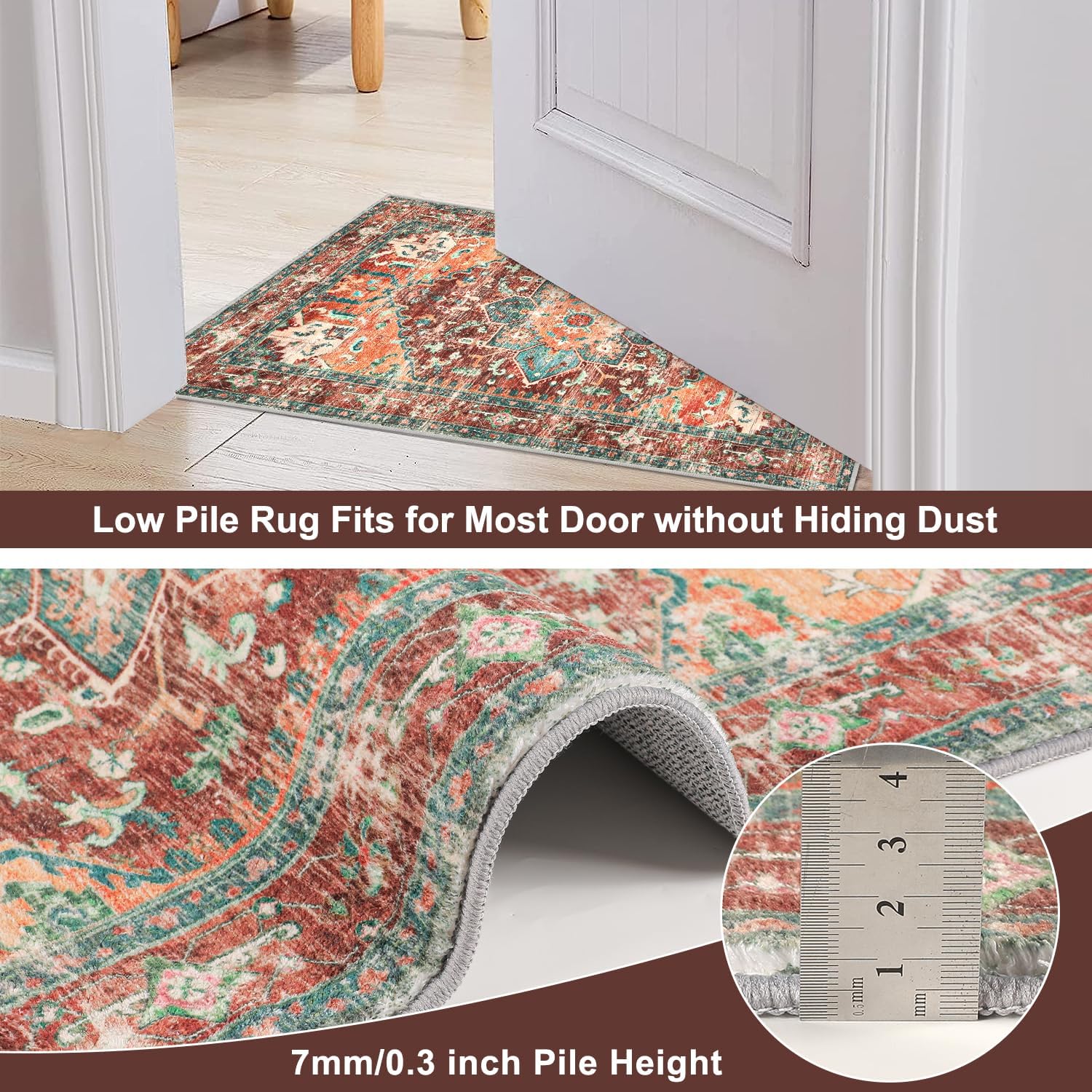 Yamaziot Washable Runner Rug, 2x8 Non-Slip Boho Vintage Hallway Rug Runner with Rubber Backing, Stain Resistant & Low Pile Faux Wool Distressed Carpet Runner for Bedroom, Kitchen, Laundry, Entrance - Image 5