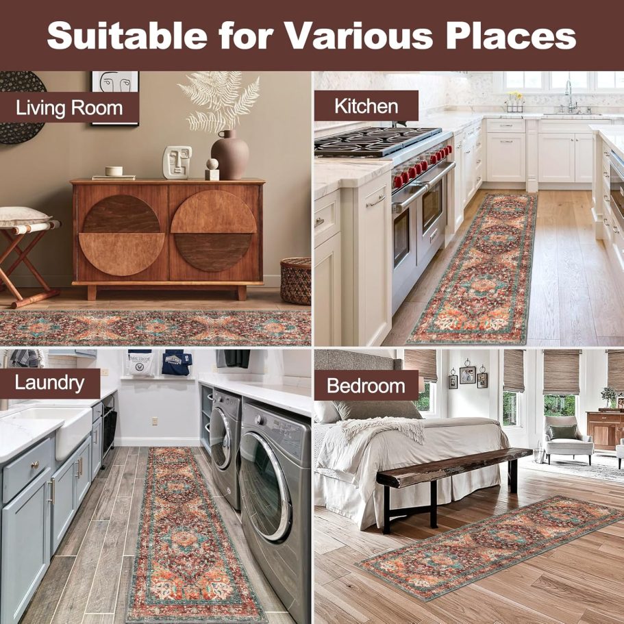 Yamaziot Washable Runner Rug, 2x8 Non-Slip Boho Vintage Hallway Rug Runner with Rubber Backing, Stain Resistant & Low Pile Faux Wool Distressed Carpet Runner for Bedroom, Kitchen, Laundry, Entrance - Image 7
