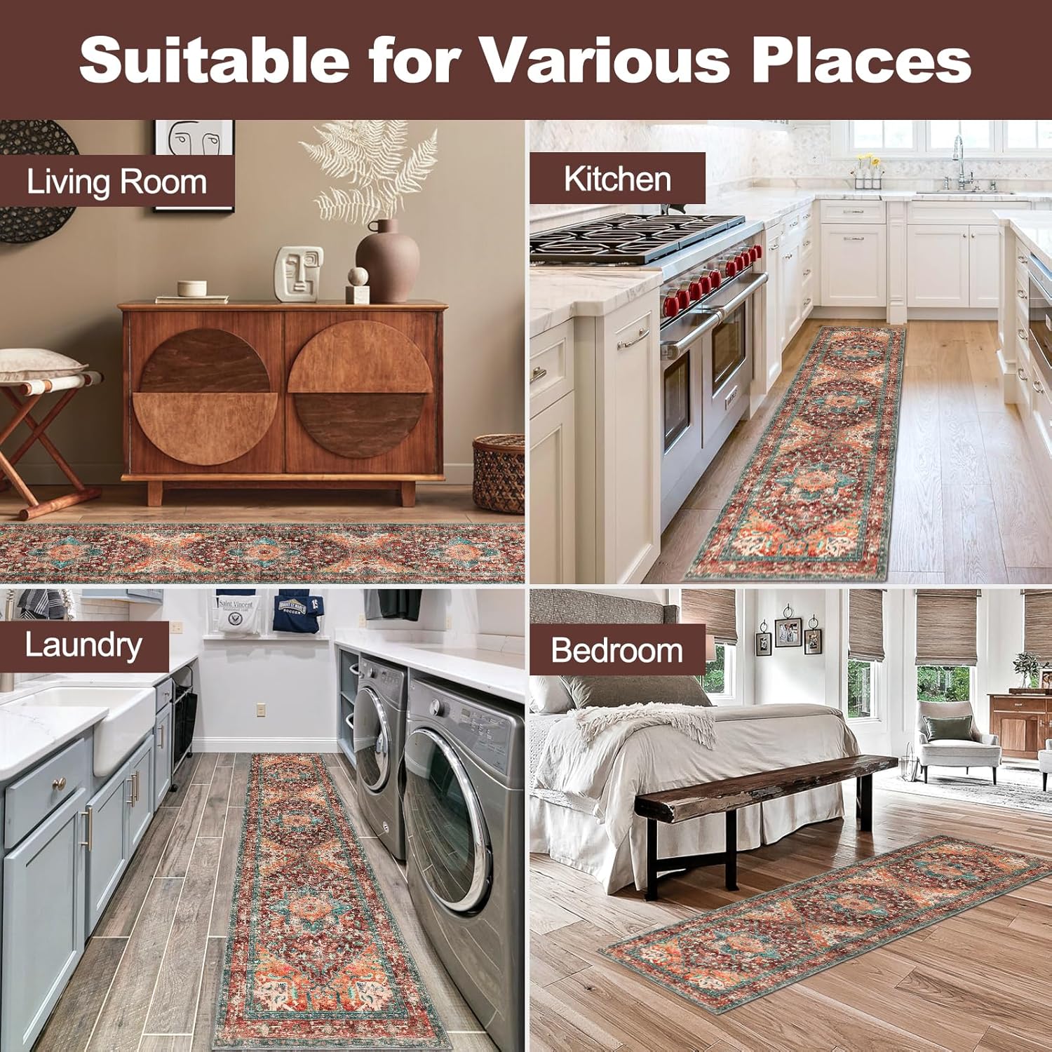 Yamaziot Washable Runner Rug, 2x8 Non-Slip Boho Vintage Hallway Rug Runner with Rubber Backing, Stain Resistant & Low Pile Faux Wool Distressed Carpet Runner for Bedroom, Kitchen, Laundry, Entrance - Image 7