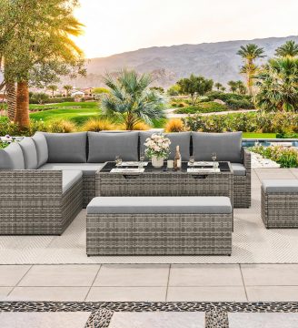 YITAHOME Patio Wicker Furniture Set, Outdoor Sectional Sofa with Stools and Lift-Top Coffee Table 6-Piece, All-Weather Conversation Set for Garden, Backyard, Grey