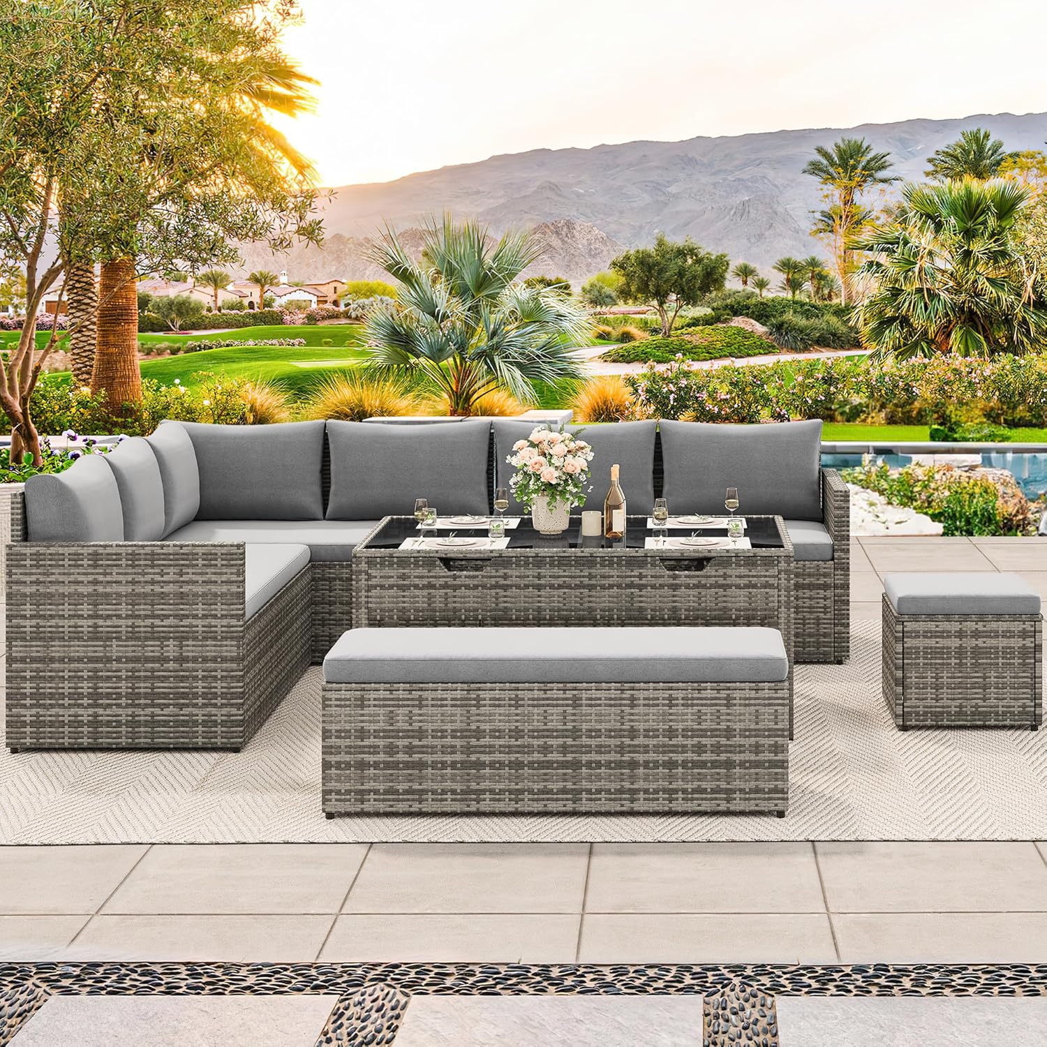 YITAHOME Patio Wicker Furniture Set, Outdoor Sectional Sofa with Stools and Lift-Top Coffee Table 6-Piece, All-Weather Conversation Set for Garden, Backyard, Grey