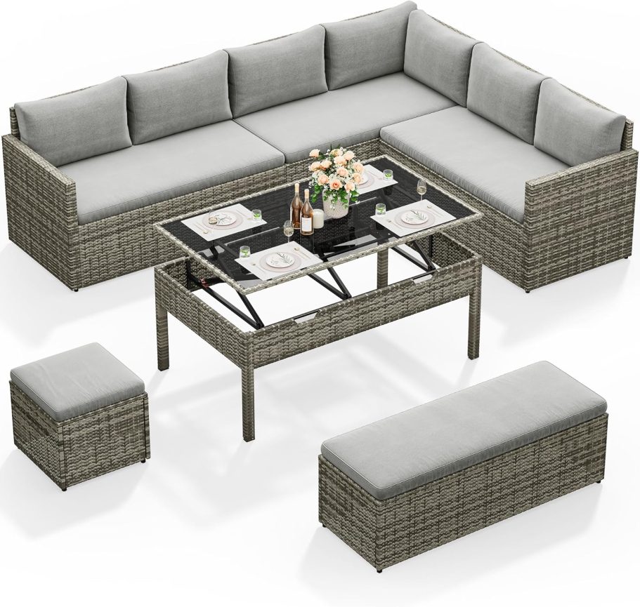 YITAHOME Patio Wicker Furniture Set, Outdoor Sectional Sofa with Stools and Lift-Top Coffee Table 6-Piece, All-Weather Conversation Set for Garden, Backyard, Grey - Image 2