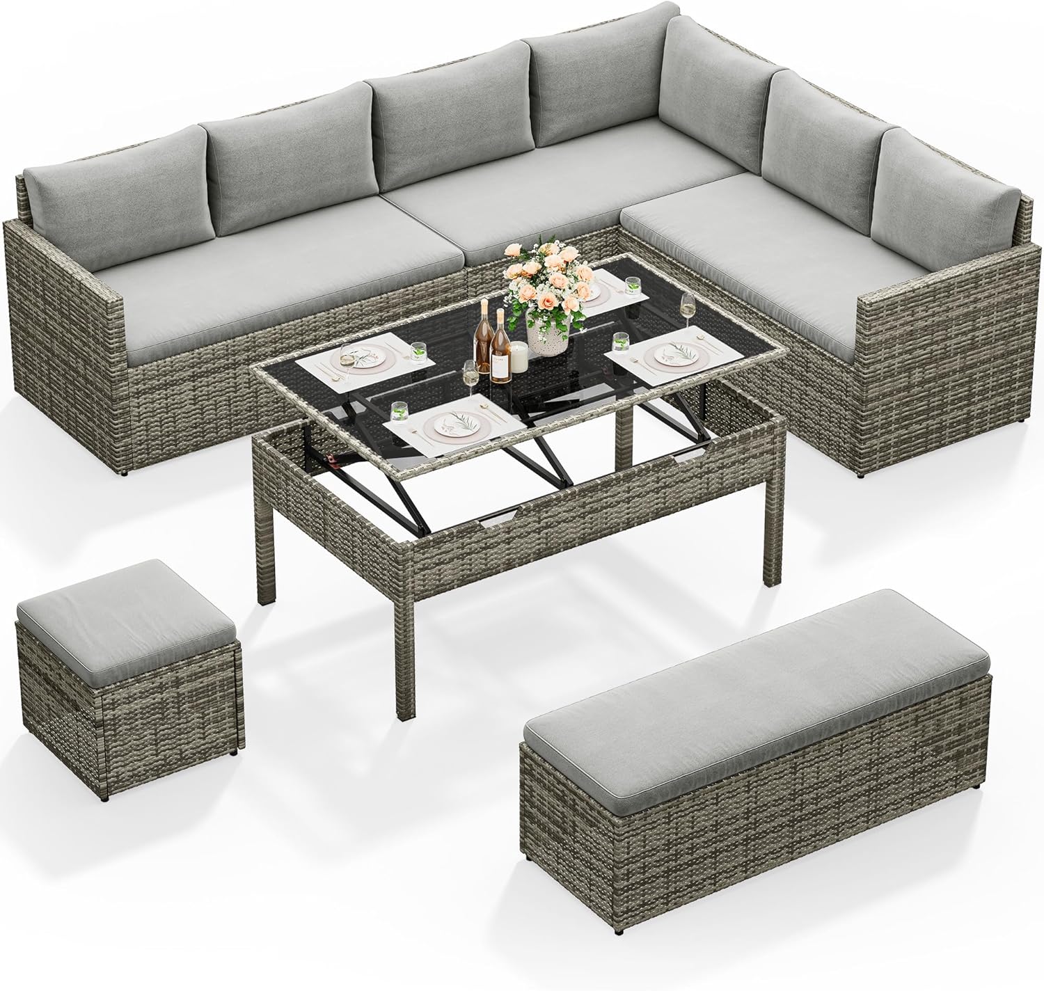 YITAHOME Patio Wicker Furniture Set, Outdoor Sectional Sofa with Stools and Lift-Top Coffee Table 6-Piece, All-Weather Conversation Set for Garden, Backyard, Grey - Image 2