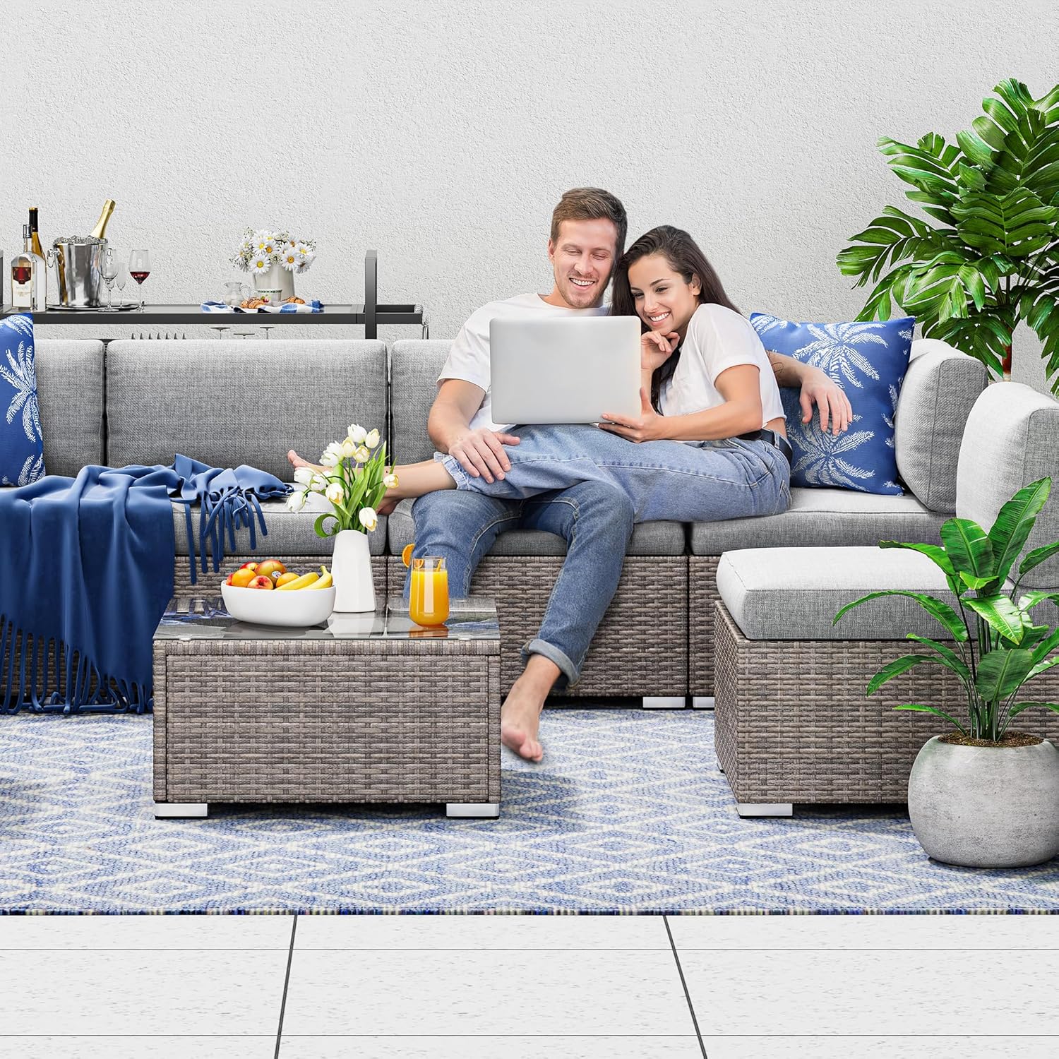YITAHOME Patio Wicker Furniture Set, Outdoor Sectional Sofa with Stools and Lift-Top Coffee Table 6-Piece, All-Weather Conversation Set for Garden, Backyard, Grey - Image 3