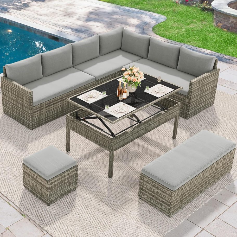 YITAHOME Patio Wicker Furniture Set, Outdoor Sectional Sofa with Stools and Lift-Top Coffee Table 6-Piece, All-Weather Conversation Set for Garden, Backyard, Grey - Image 5