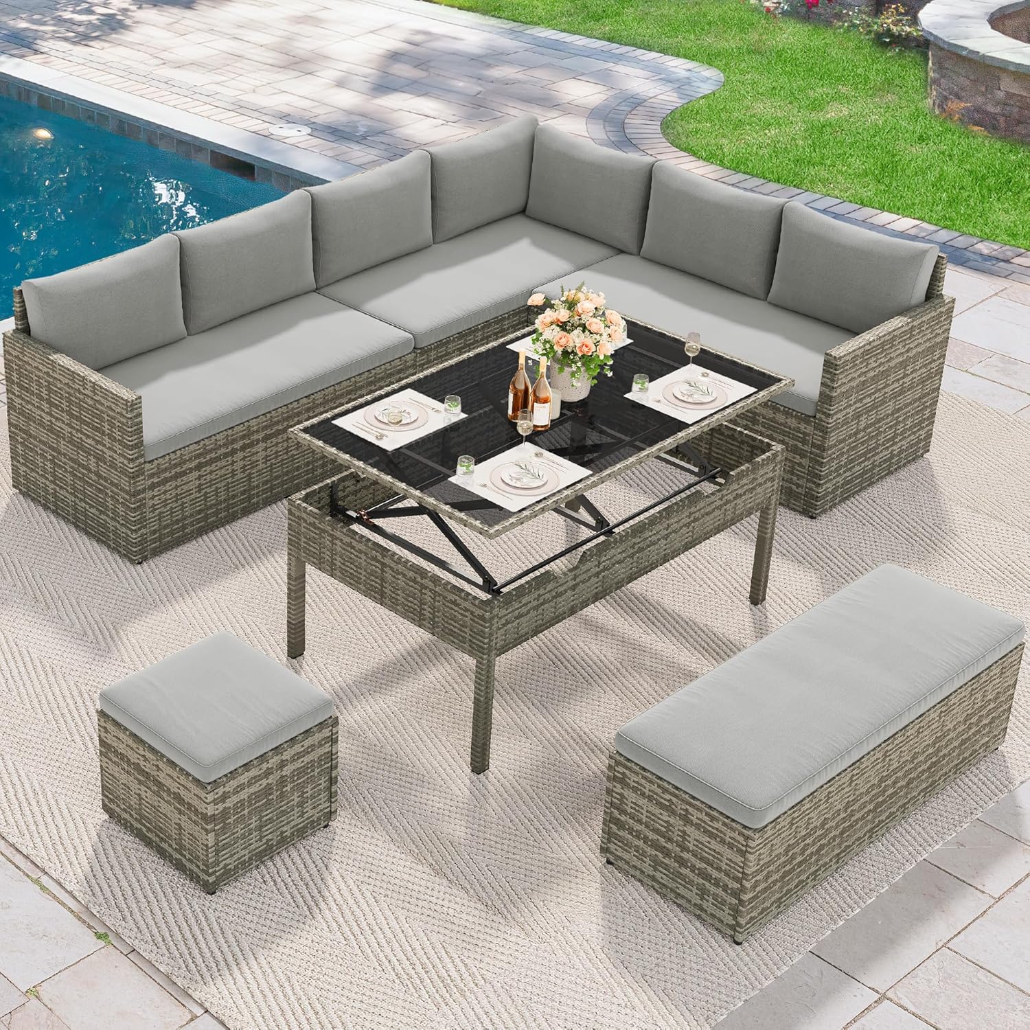 YITAHOME Patio Wicker Furniture Set, Outdoor Sectional Sofa with Stools and Lift-Top Coffee Table 6-Piece, All-Weather Conversation Set for Garden, Backyard, Grey - Image 5